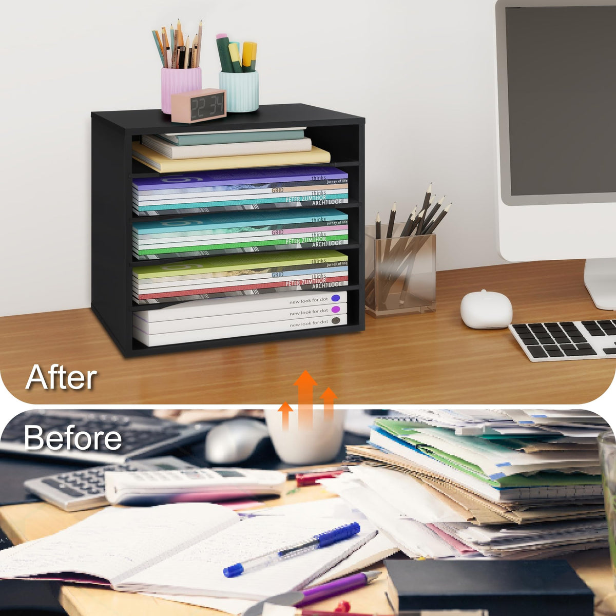 EMERIT 4-Tier Adjustable Paper Organizer, Large Capacity Book Shelf for Textbooks/Magazines/Office