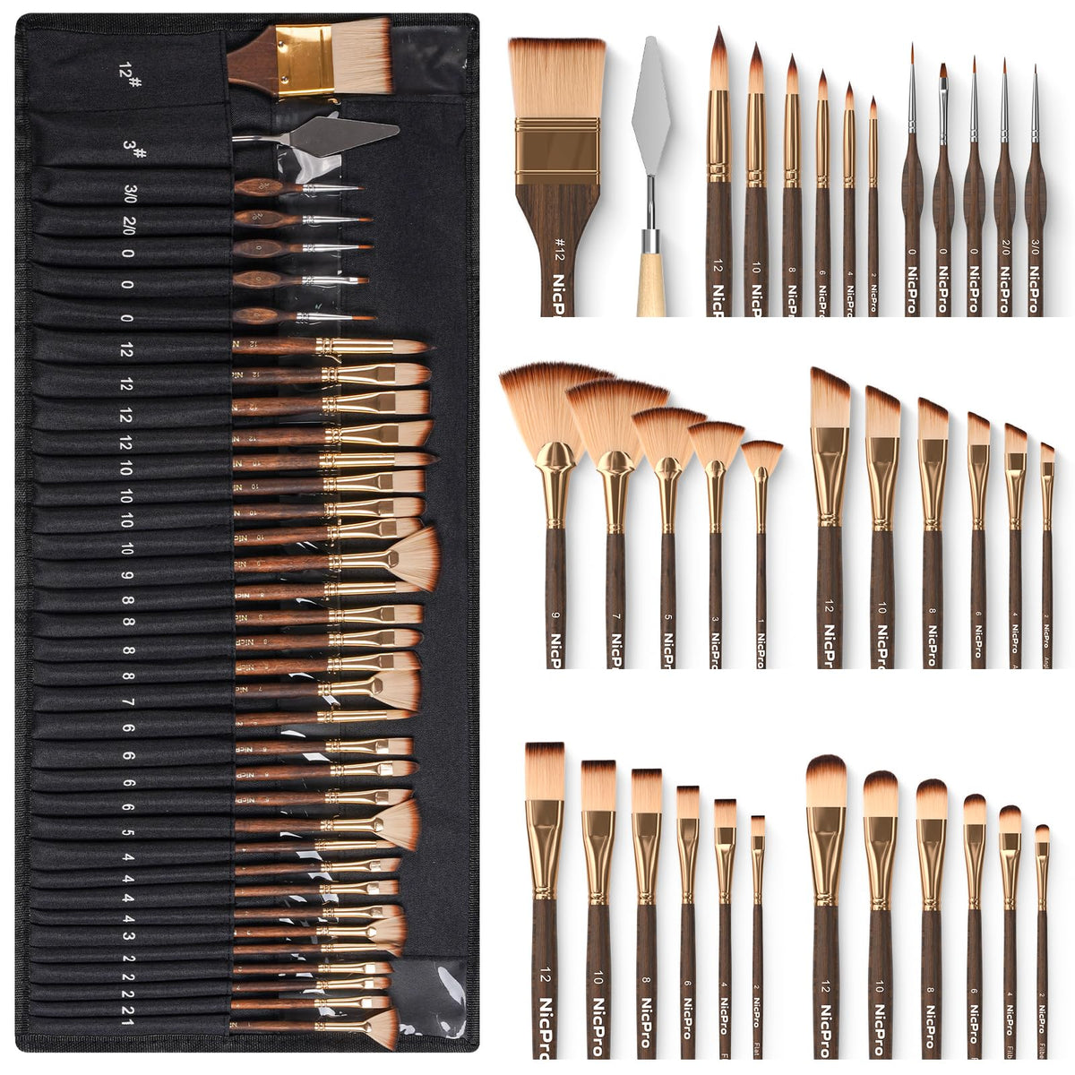 Nicpro 36pcs Paint Brush Set for Acrylic Painting,Oil, Watercolor (Golden)