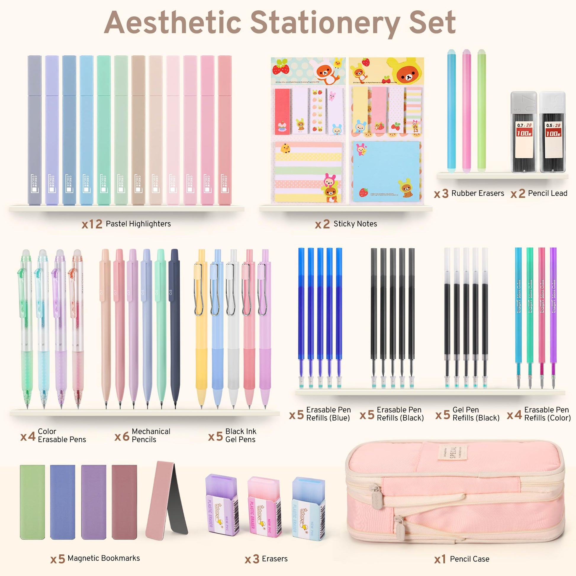DazSpirit 62PCS Aesthetic Stationery Set with Foldable Pencil Case, Pink