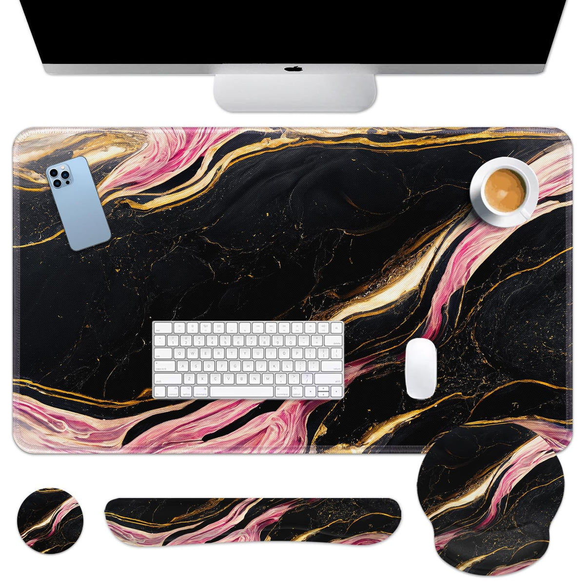 Britimes Keyboard Mouse Pad Set, 4 in 1 Desk Mat Set, Pink Black Marble