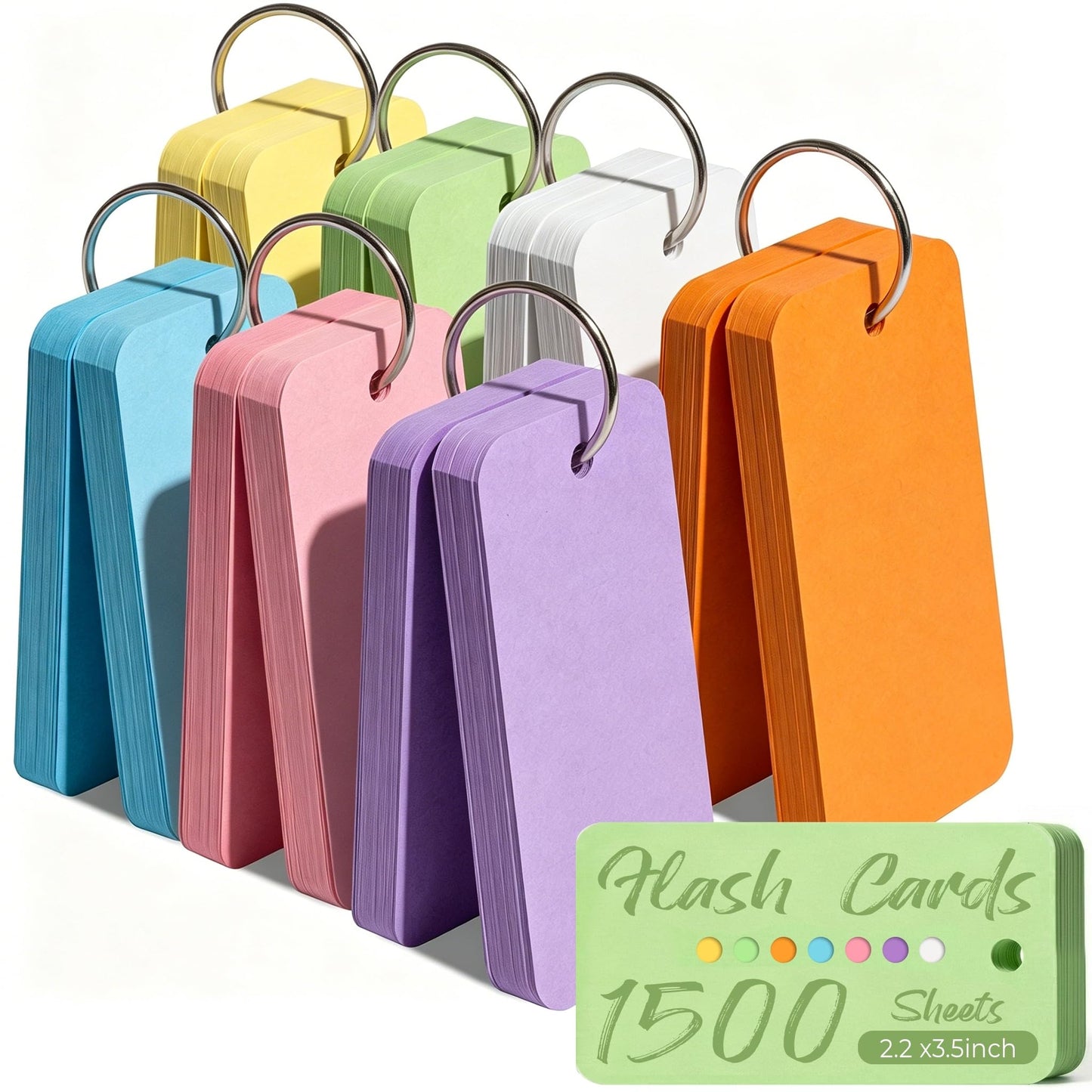 Koogel 1500PCS Colored Index Cards, Metal Ring, 2.2"x3.5", 230gsm, 7 Colors