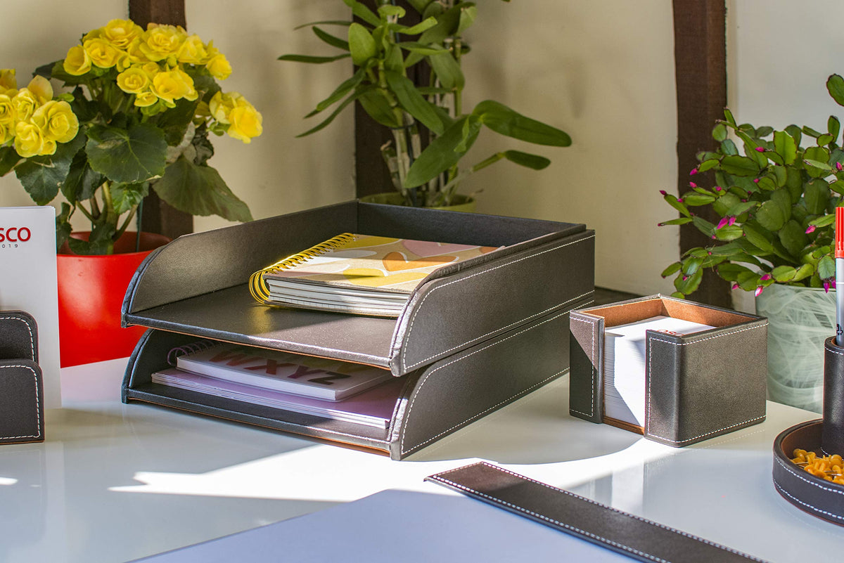 OSCO Brown Faux Leather Letter Tray | A4 | Easily Stackable | Desk File Organiser | Paper Storage |