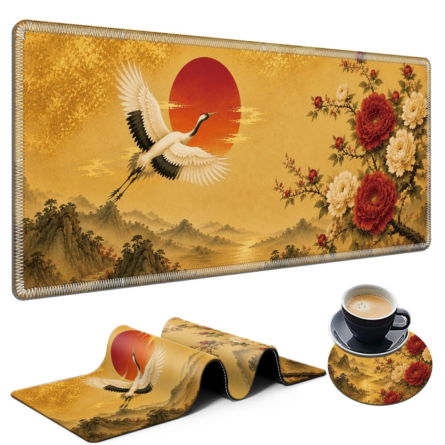 Crane Peony Sunrise Large Mouse Pad, 31.5 x 11.8 in Extended Desk Mat