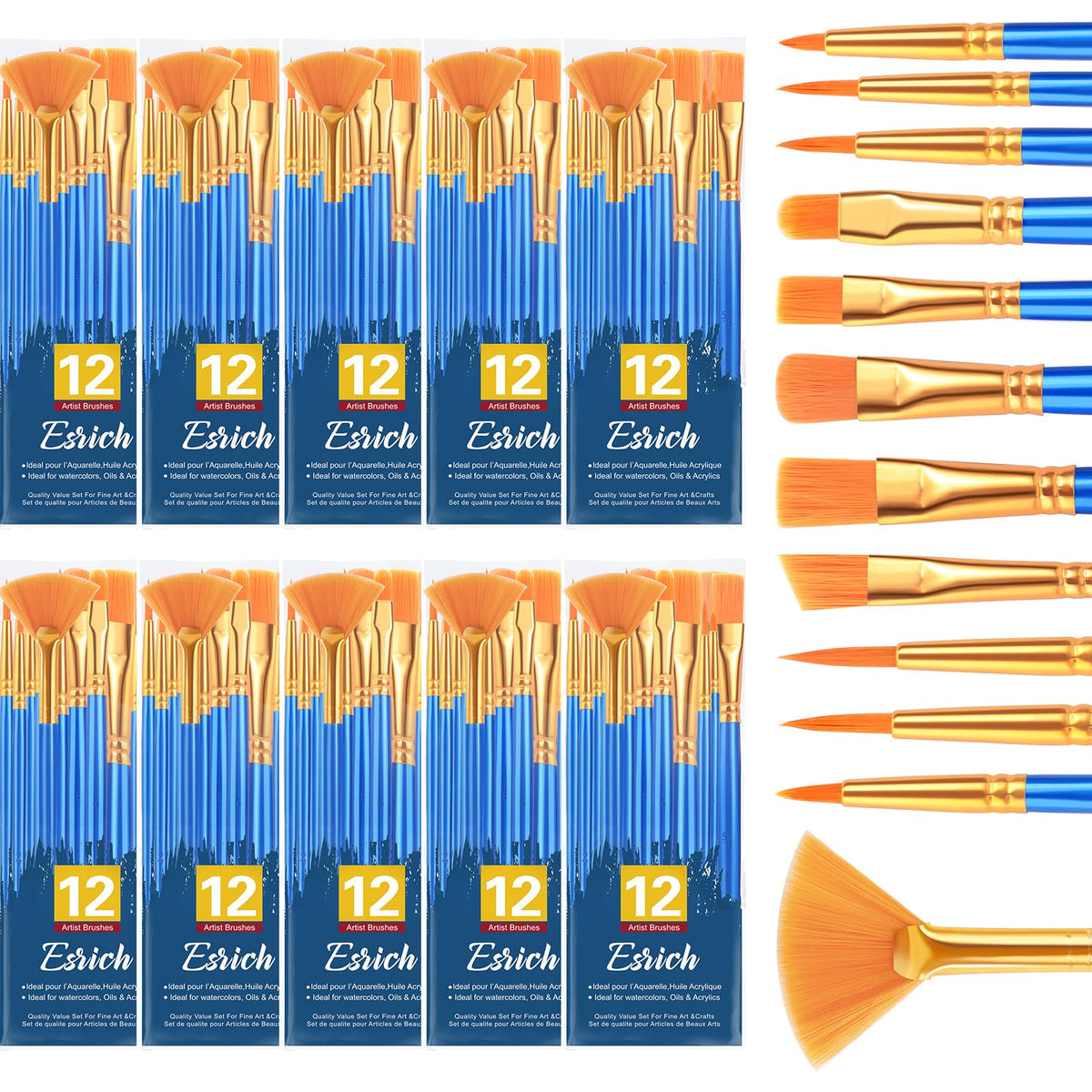 ESRICH Paint Brushes Set, 10Pack 120pcs Nylon Hair Round-Pointed Tip