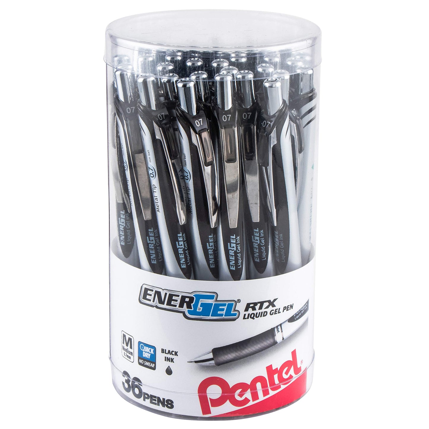 Pentel EnerGel RTX Retractable Liquid Gel Pen Canister, Black Ink (BL77PC36A) (Pack of 1, 36 Count