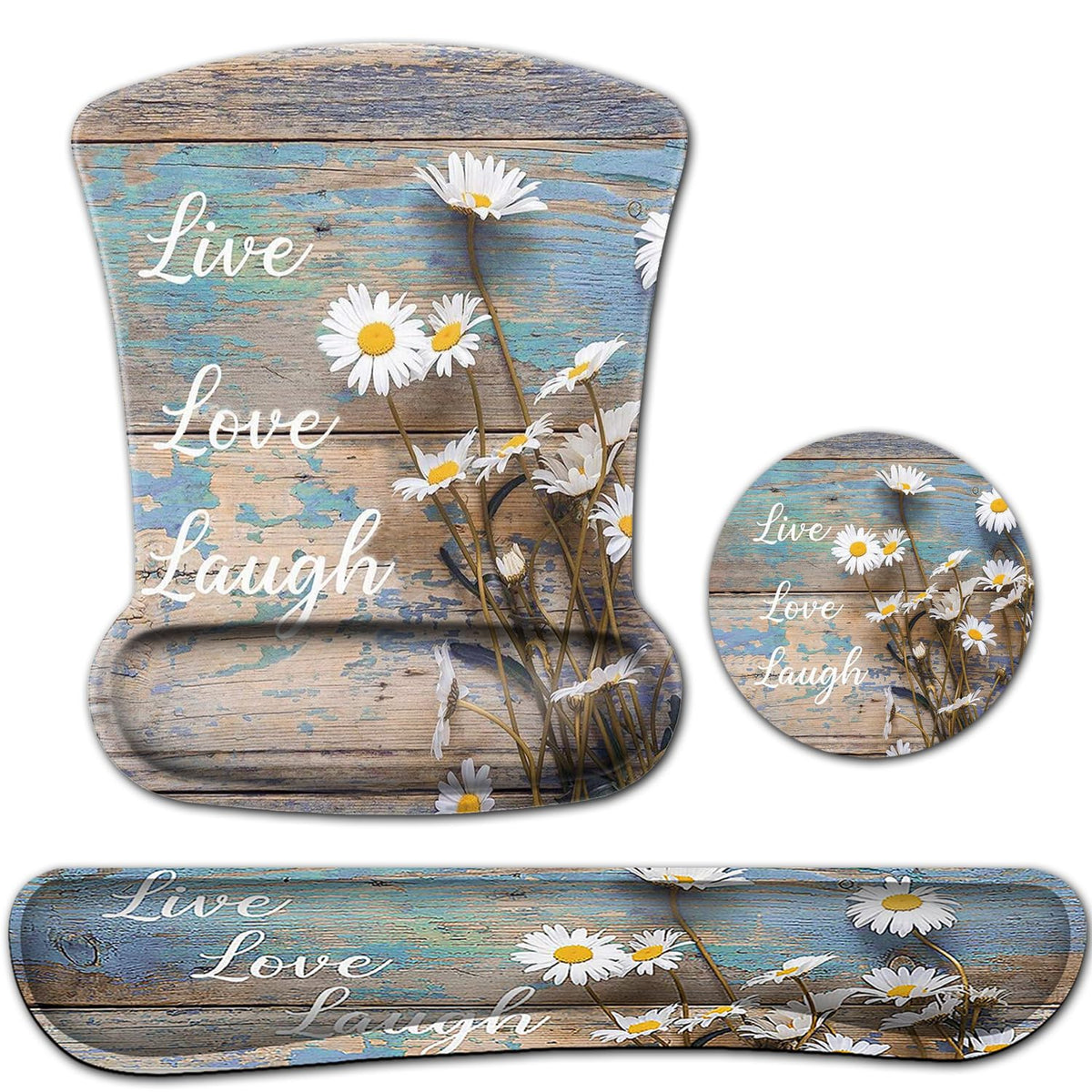 Mouse Pad for Women, Keyboard Wrist Rest Relieves Fatigue，White Daisy Flowers on Wooden ，Ergonomic