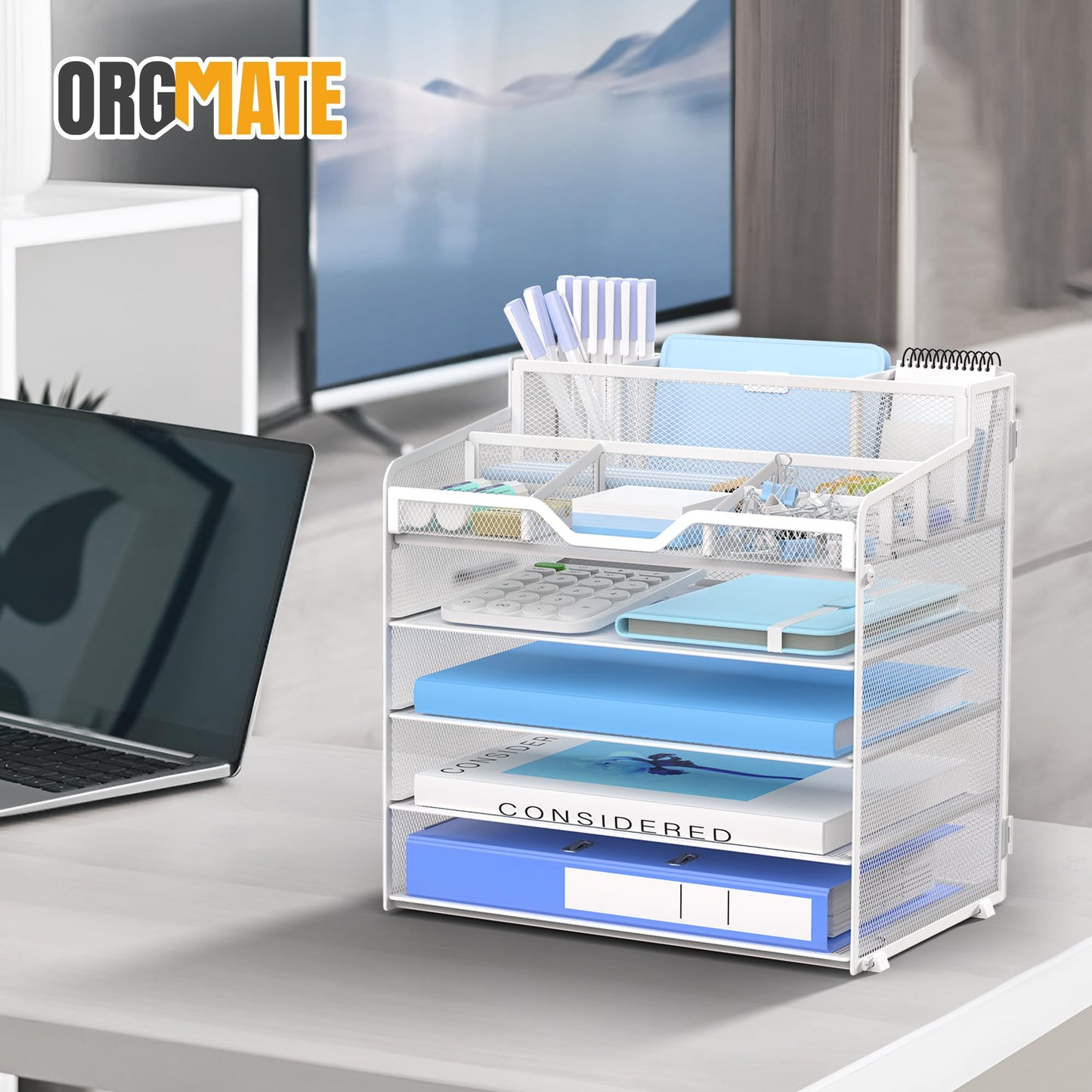 OrgMate 5 Tier Mesh Paper Desk Organizer with Pen Holders, White