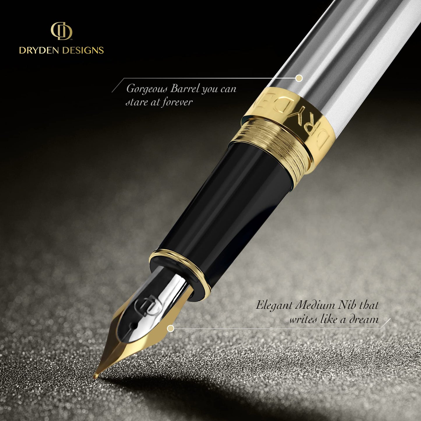 Dryden Designs Fountain Pen. Medium Nib Premium Box | 6 Ink Cartridges Included (Metallic Silver)
