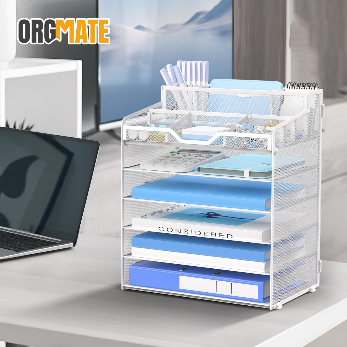 OrgMate 6 Tier Mesh Paper Desk Organizer with Pen Holders, White