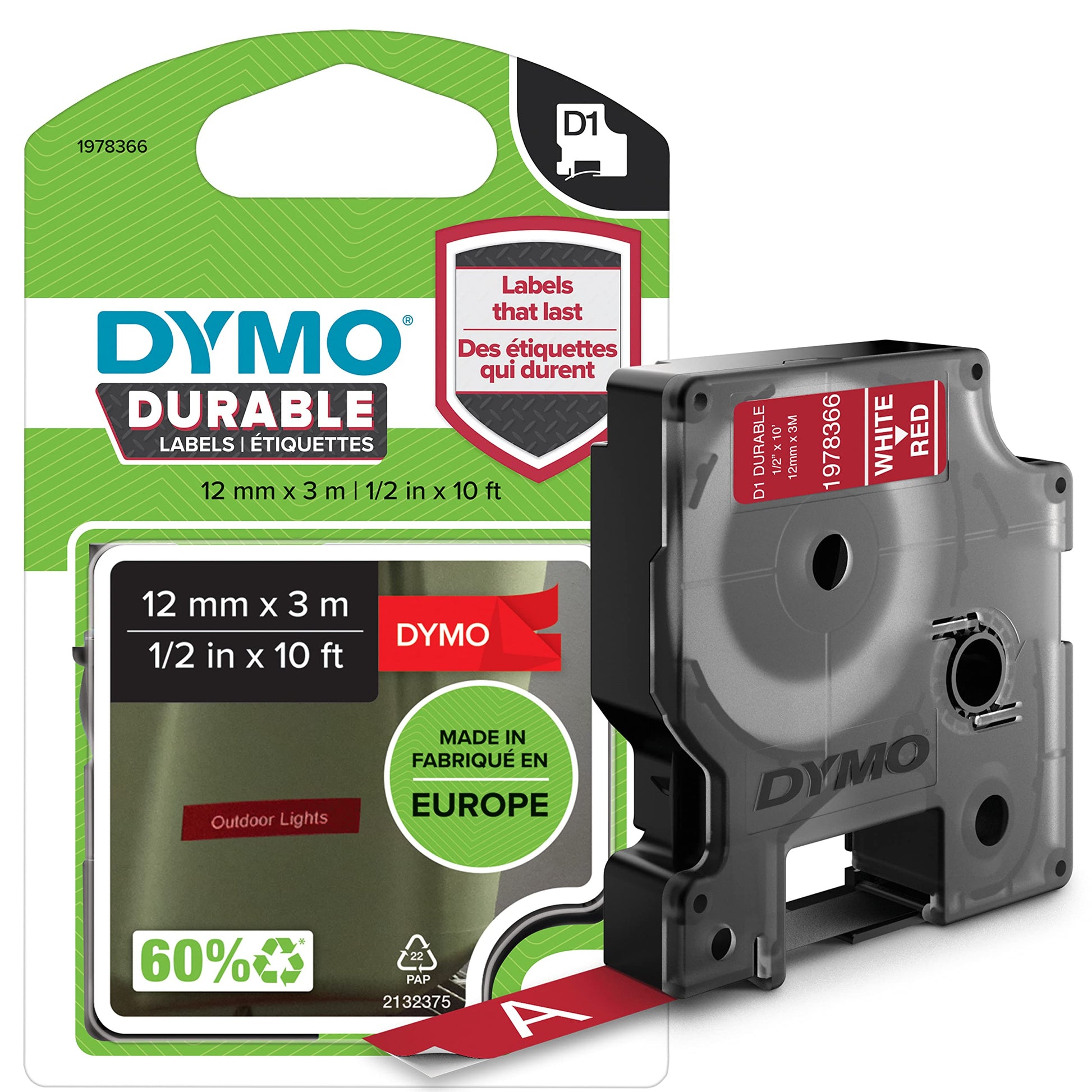 DYMO D1 Durable Labeling Tape for LabelManager Label Makers, White Print on Red Tape, 1/2" W x 10'