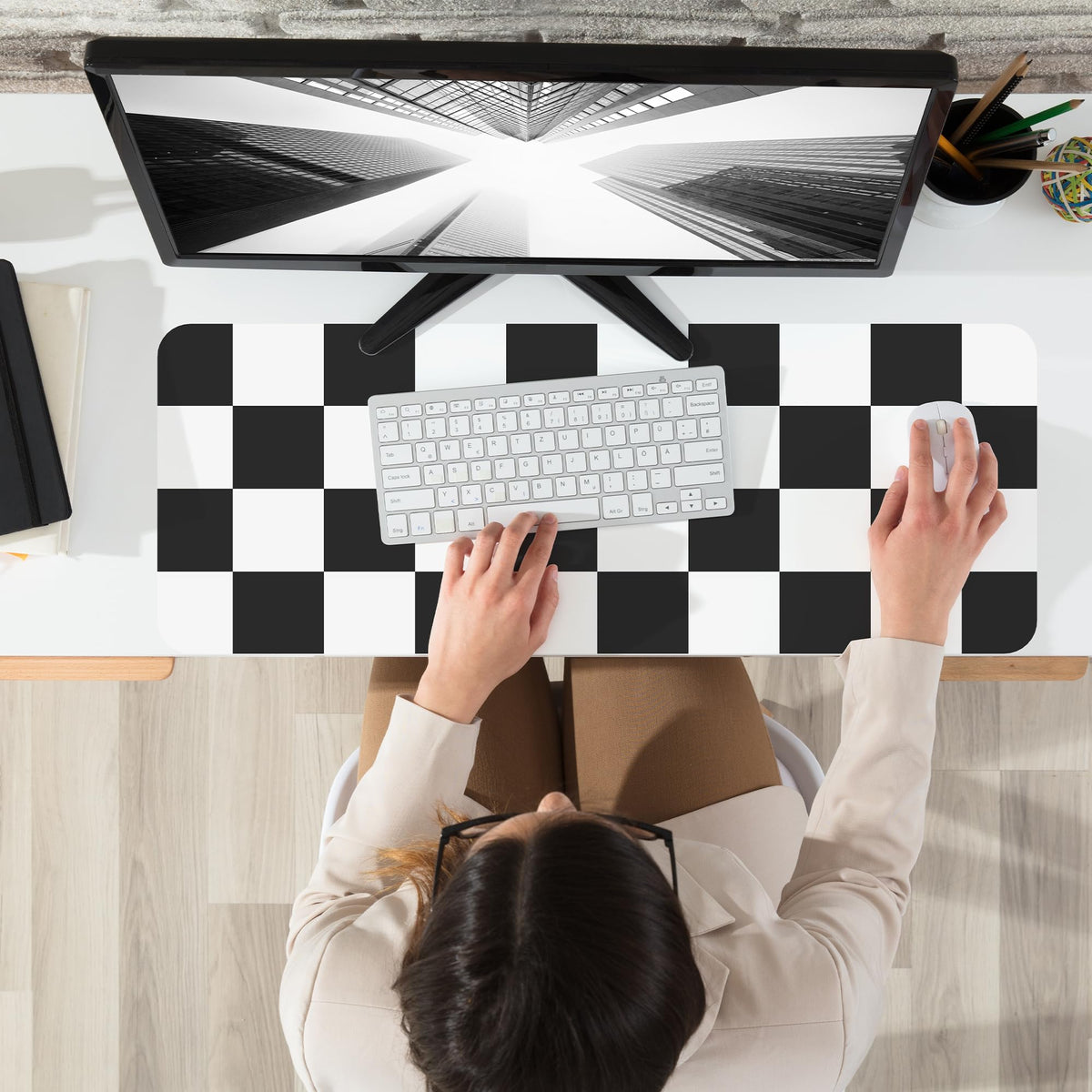 Non-Slip Checkered Desk Mat, 31.5"x12", White Black