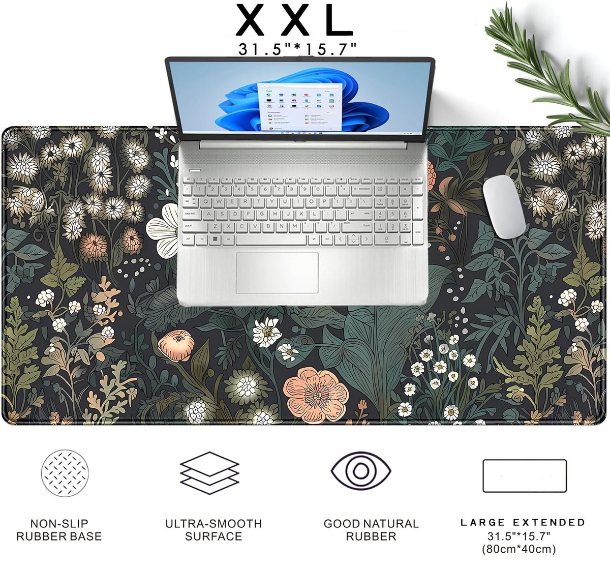 Dark Flower Desk Mat Floral Plants Mouse Pad Boho Aesthetic Wildflowers Large Gaming Mousepad Desk