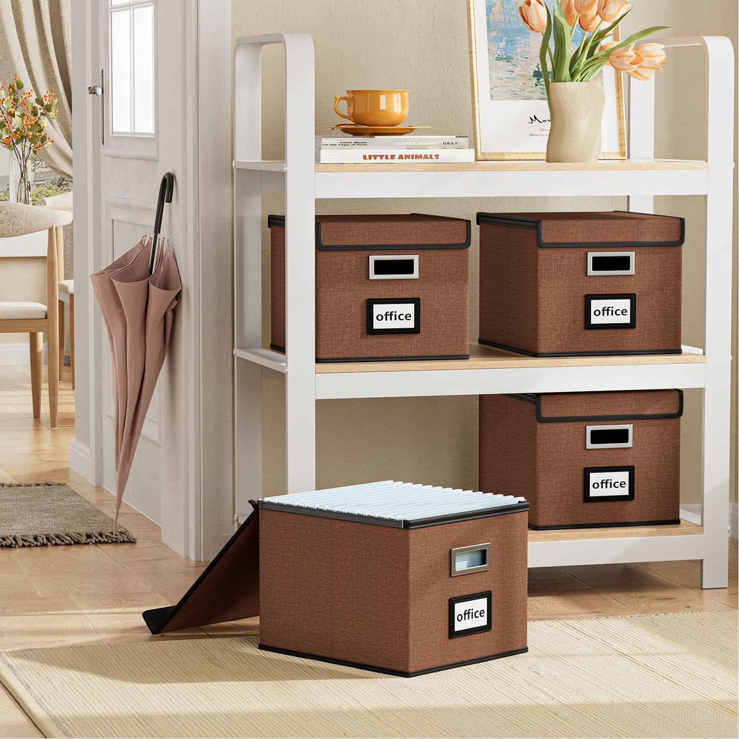 Huolewa Upgrade Portable File Organizer Box with Lid,Large Linen Hanging Office Document Storage