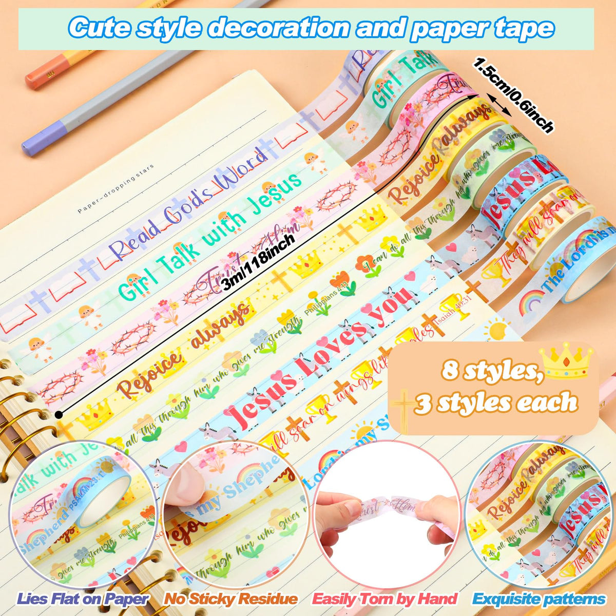 Janlaugh 24 Rolls Christian Washi Tape Gifts, Kawaii Cute Religious