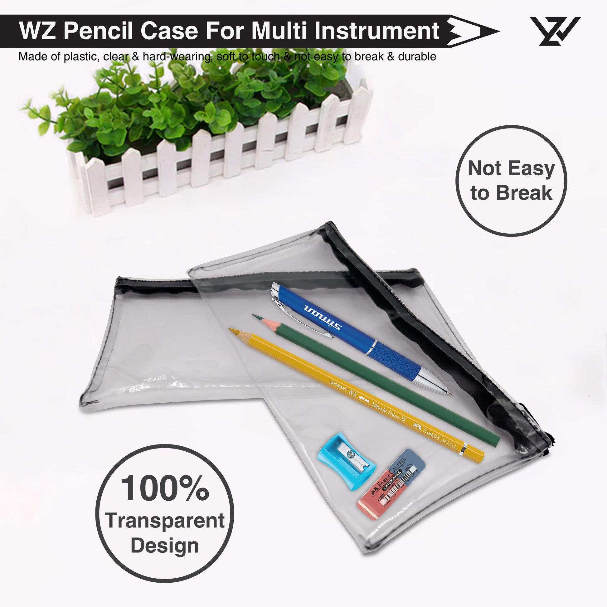 WZ Transparent PVC Pencil Cases - Clear Pencil Case with Zipper - For Girls & Boys (Pack of 2)