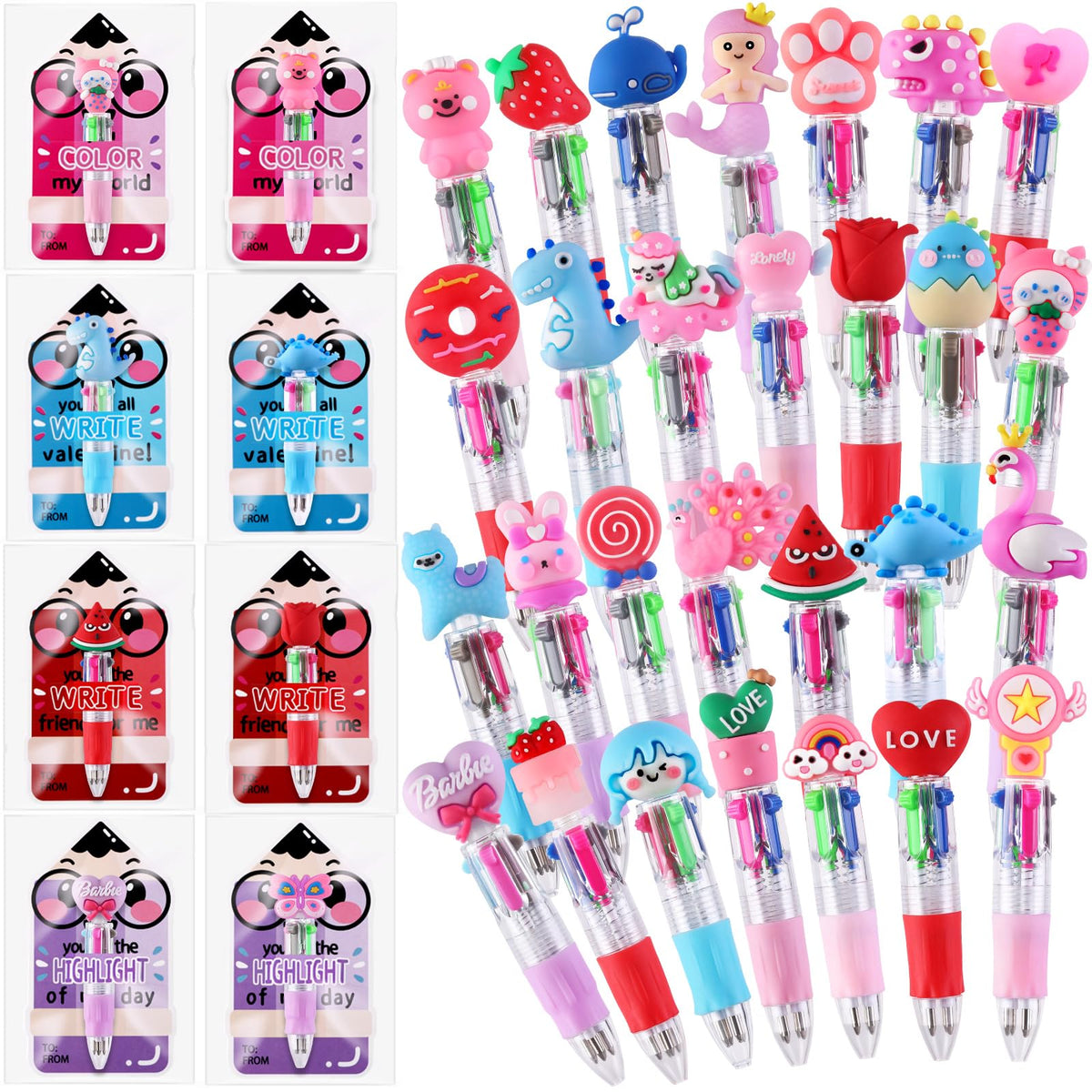 30 Pack Valentines Fun Pens with Cards Cute Multicolor 4-in-1 Gift Pens