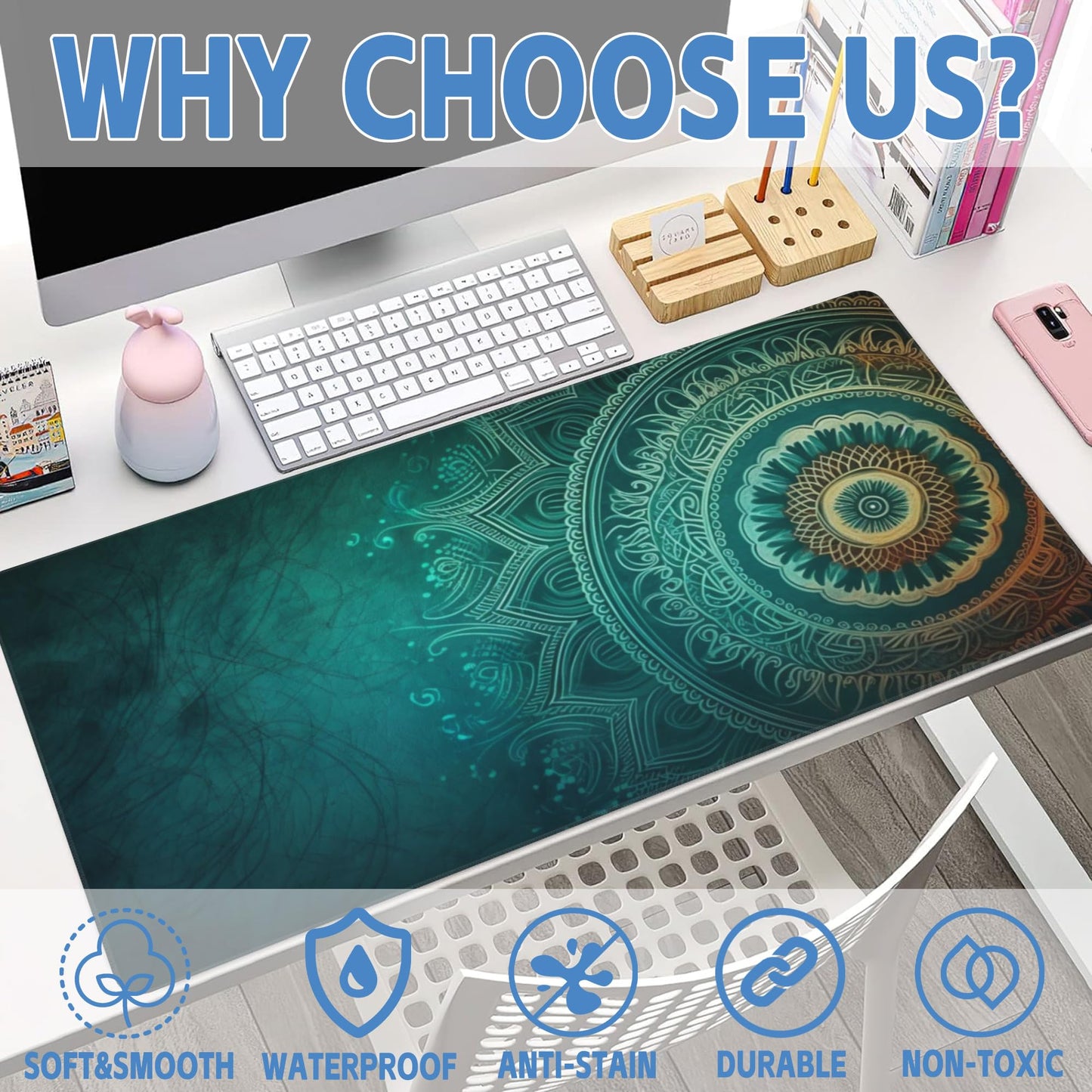 Large Gaming Mouse Pad for Desk,Retro Mandala Flower Desk Mat for Desktop,Mandala Floral Desk Pad