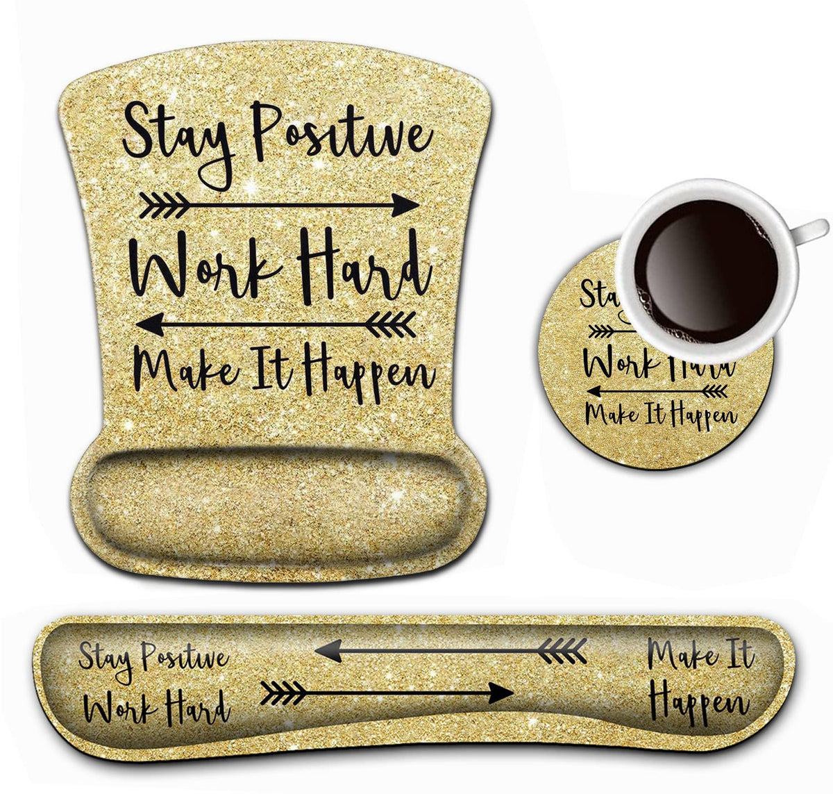 Keyboard Wrist Rest and Mouse Pad Wrist Support Set,Stay Positive Work Hard and Make It Happen Gold