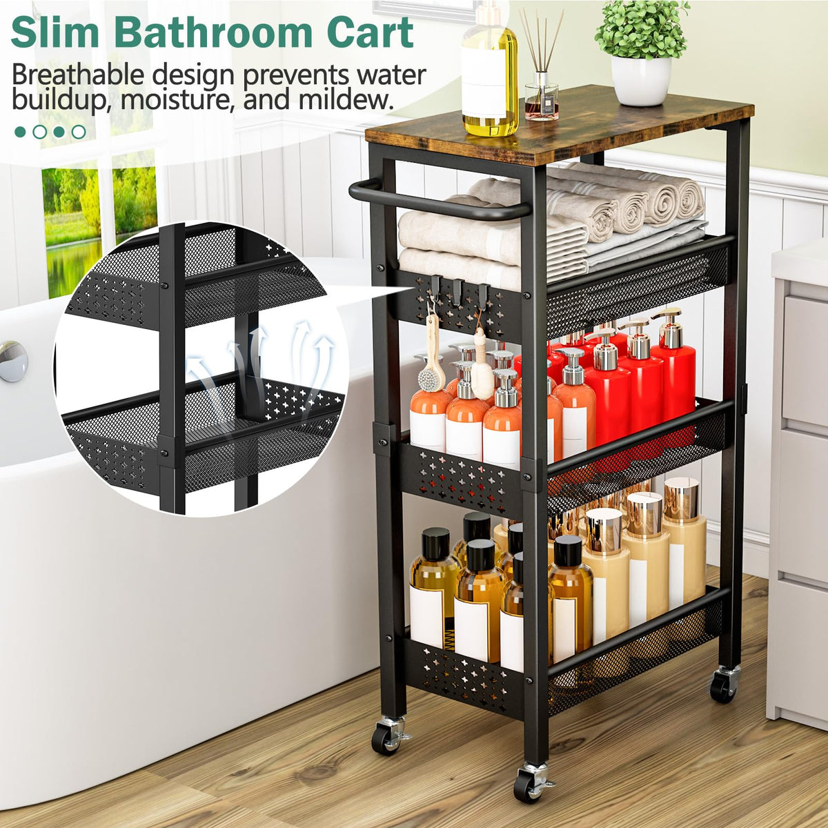 Vivihomety 4-Tier Laundry Utility Rolling Cart with Wheels, Metal