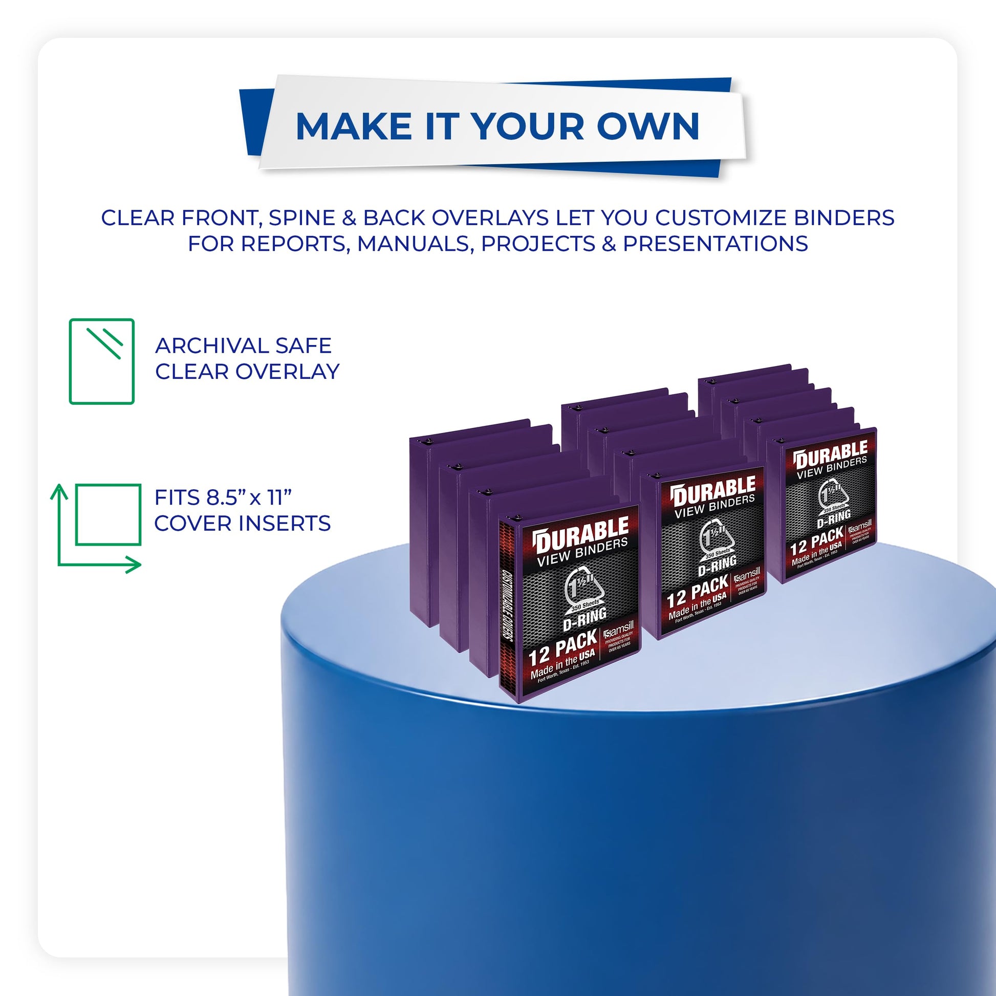 Samsill Durable 1.5 inch 3 Ring Binder, D Ring Binder, 100% Recycled Chipboard, Purple, 12 Pack