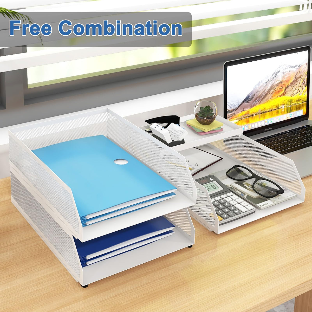 Natwind 3-Tier Stackable Metal Mesh Desk Paper Tray Organizer, White