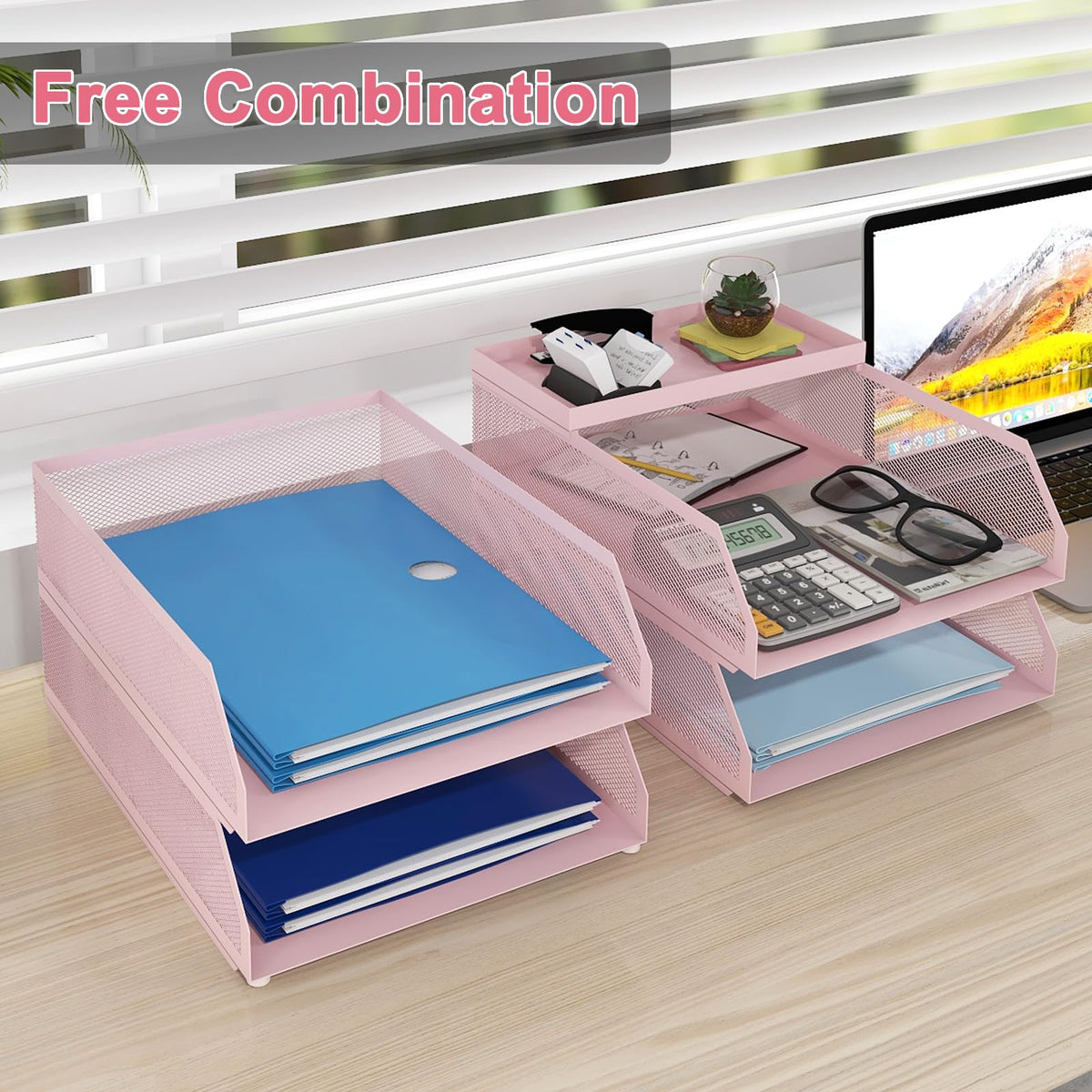 Natwind 4-Tier Stackable Metal Mesh Desk Paper Tray Organizer,Pink