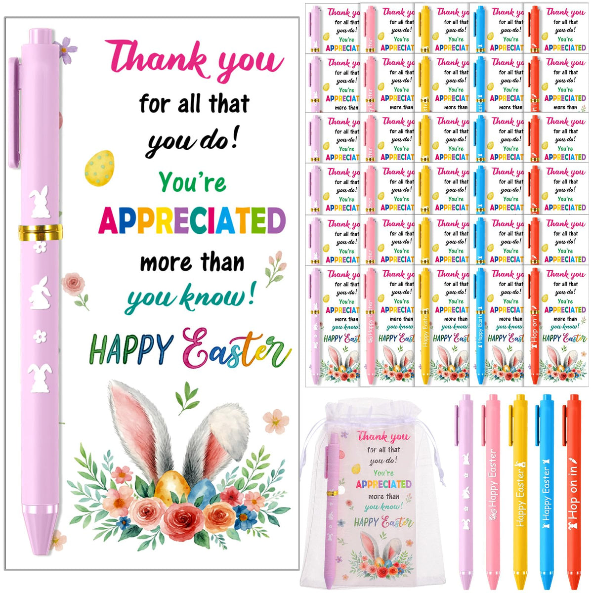 Marspark 30 Set Colorful Easter Gifts Bulk Happy Easter Ballpoint Pens and Bunny Eggs Greeting