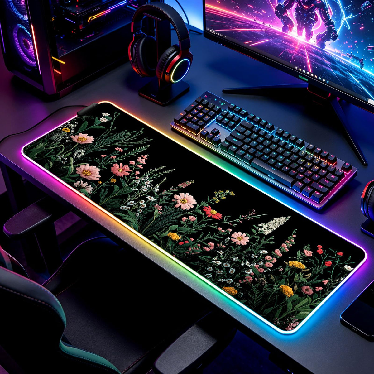 JIANG100 RGB Blooming Wildflowers Gaming Desk Mat & XL Mouse Pad, Black