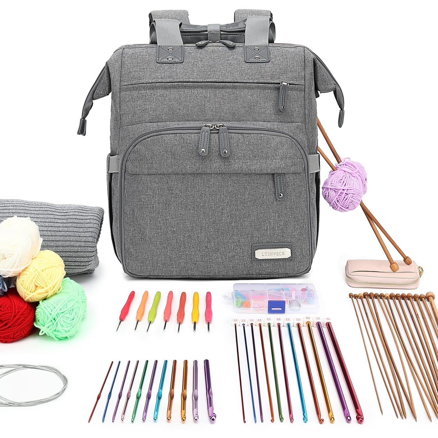 Knitting Bag Backpack Yarn Storage Organizer Travel Bag with USB Charging Port, Large Tote Bag