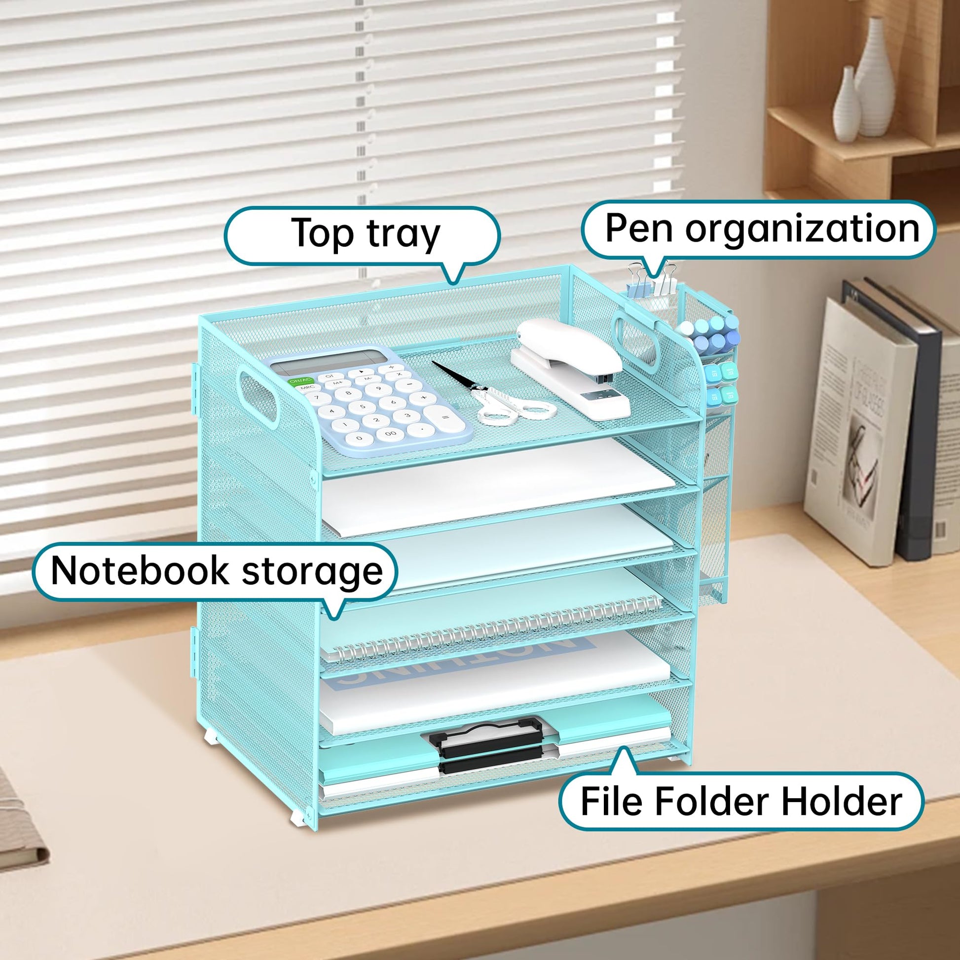 Supeasy 6 Tier Desk Organizer with 4 Pen Holders & Mesh Paper Trays Blue