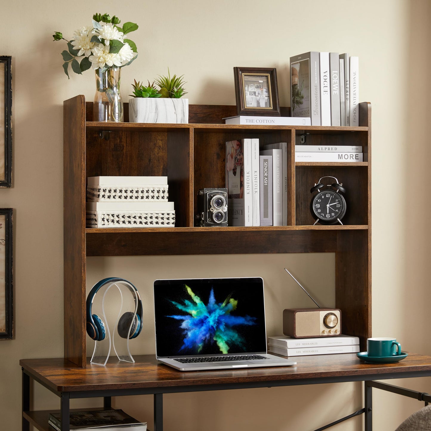 Nromant Desktop Bookshelf, Wooden Desk Storage Hutch with 6 Shelves for Computer Desk, 3-Tier