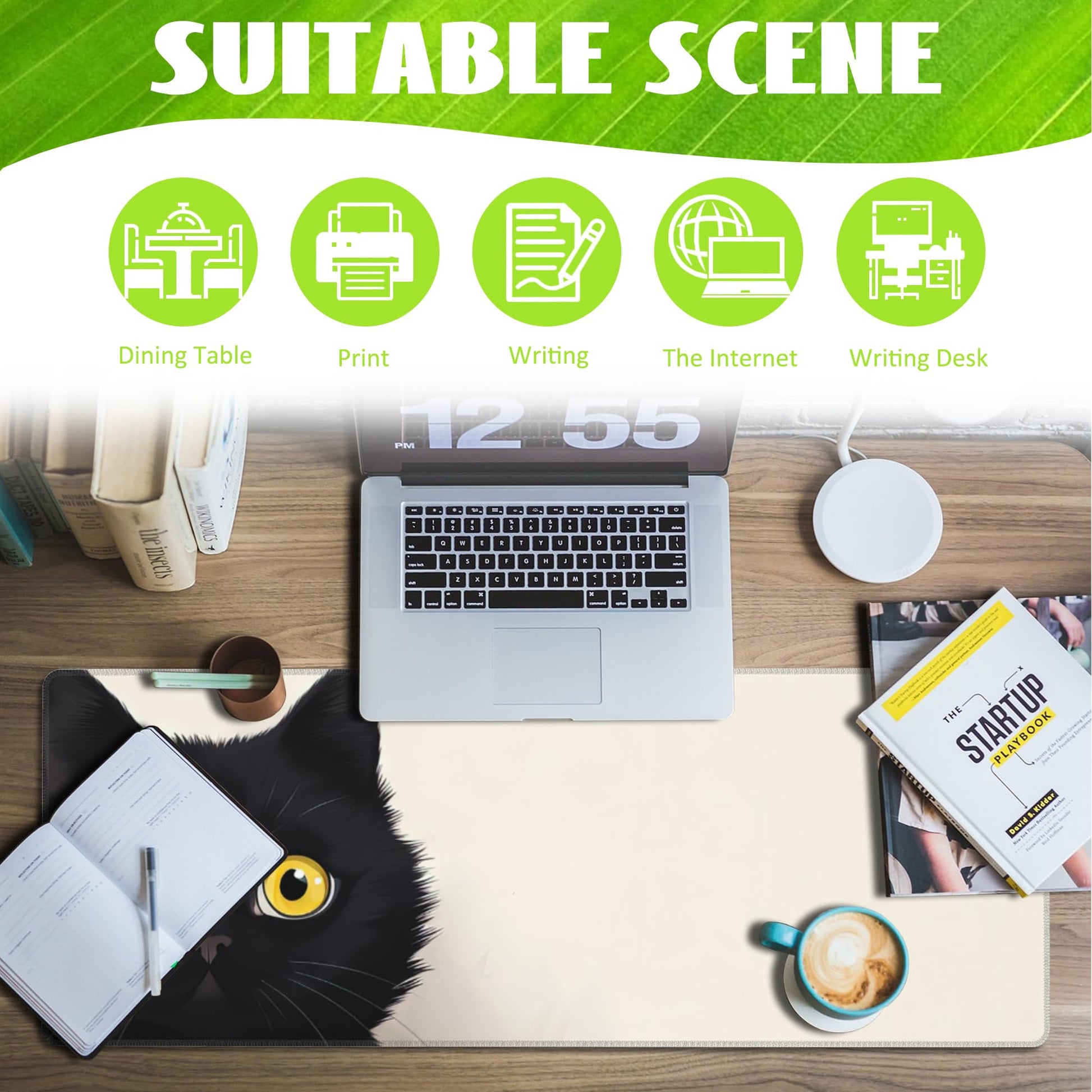 Eflxamz Desk Pad,Black Cat Desk Mat,Cute Cat Large Gaming Mouse Pad for Desk,Extended Big Computer