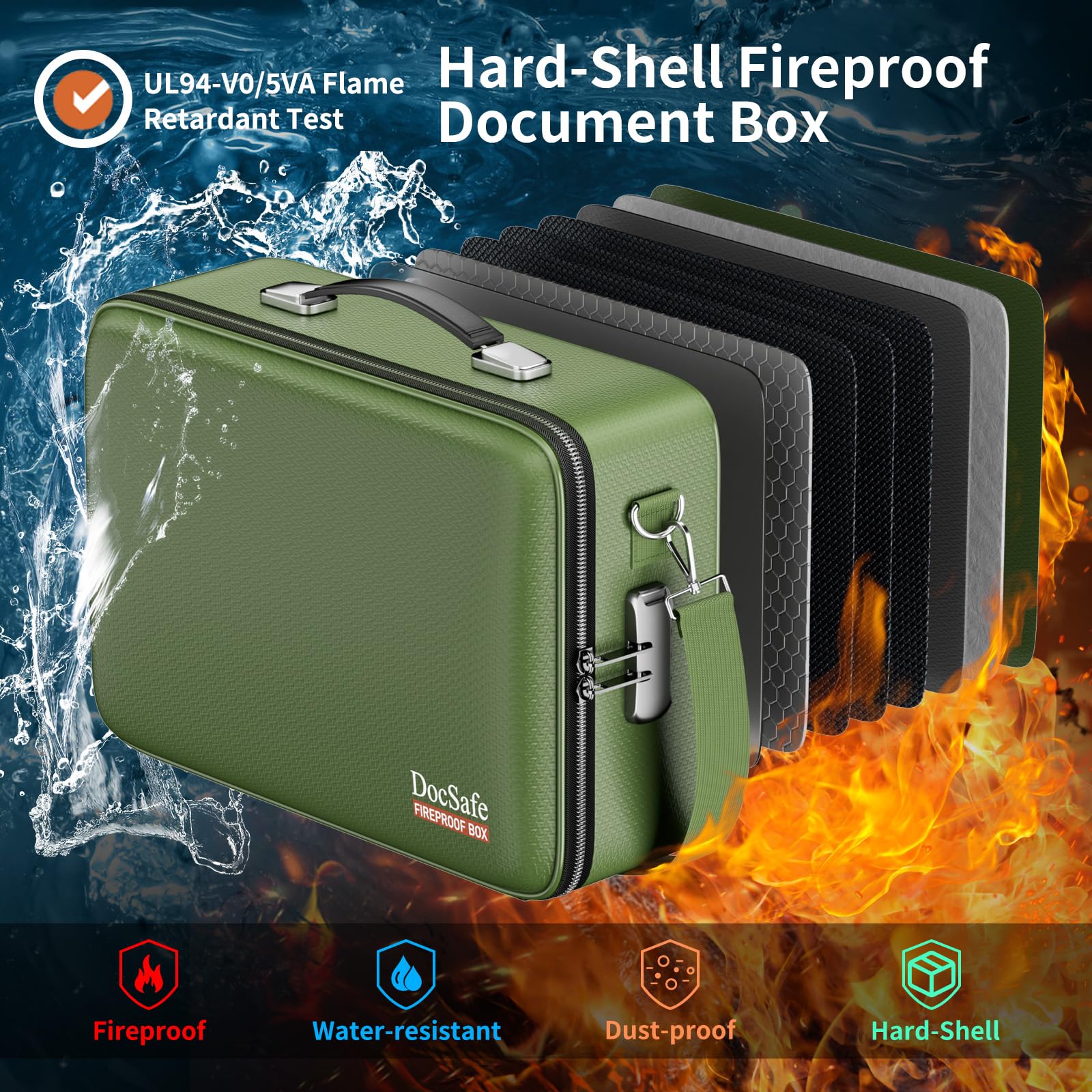 DocSafe Fireproof Document Box Hard Case with Lock ＆ Accordion File Folder