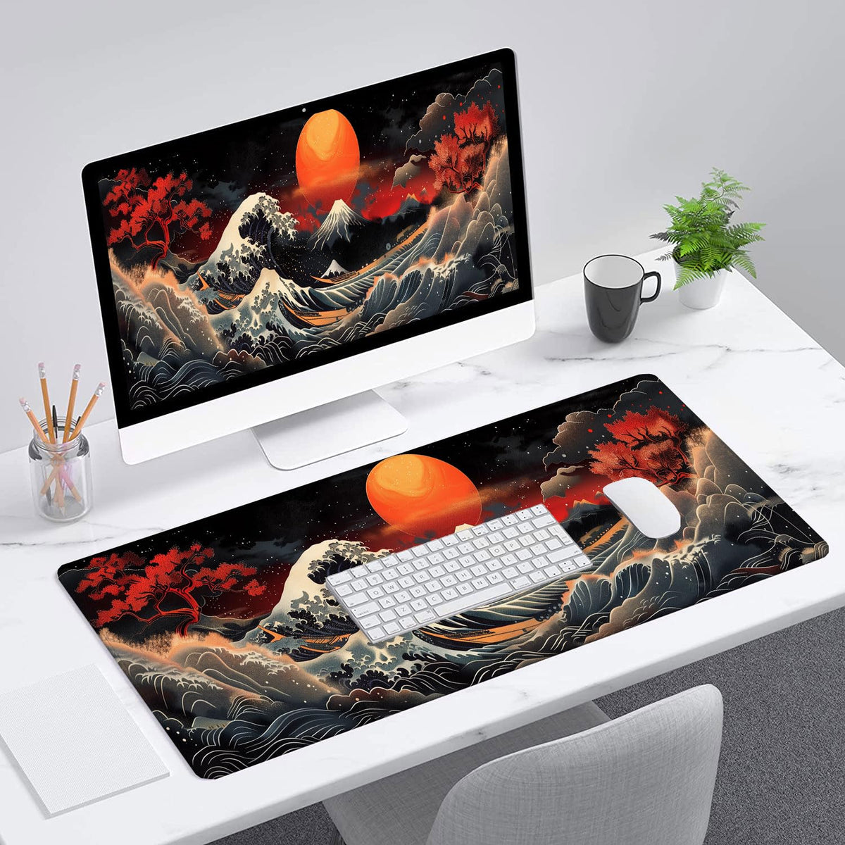 Japanese Waves Gaming Mouse Pad Watercolor Waves Mousepad XL Large Gaming Mouse Pad Laptop Keyboard
