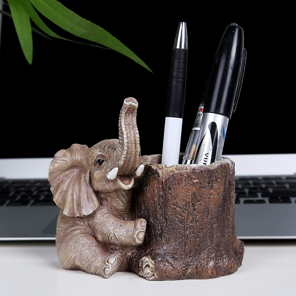Hodao Resin Elephant Pen Holder, Cute Elephant Desk Organizer, Creative Animal Pen Cup for Office