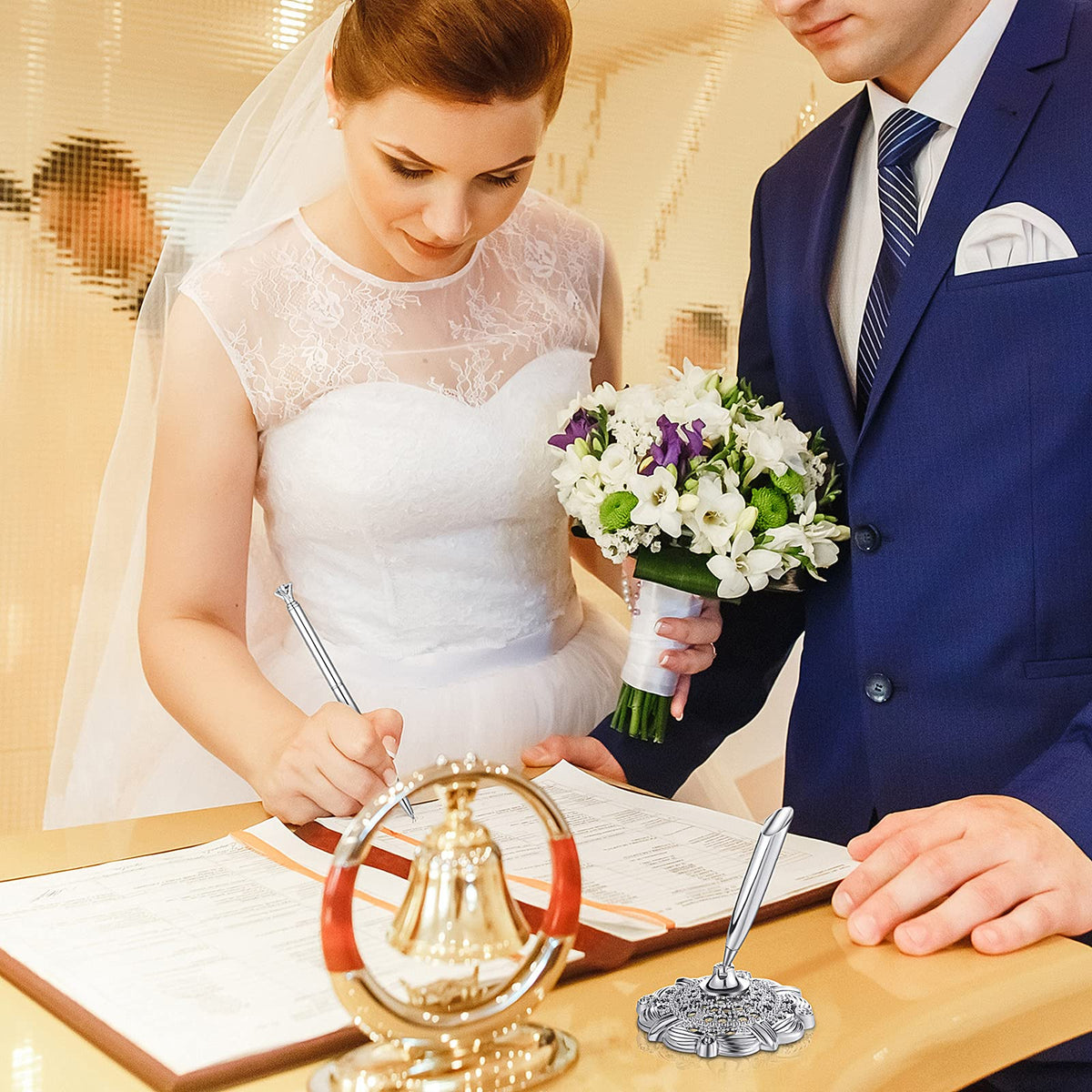 Outus Silver 4 Pcs Wedding Pens for Guest Book Signing Diamond Design