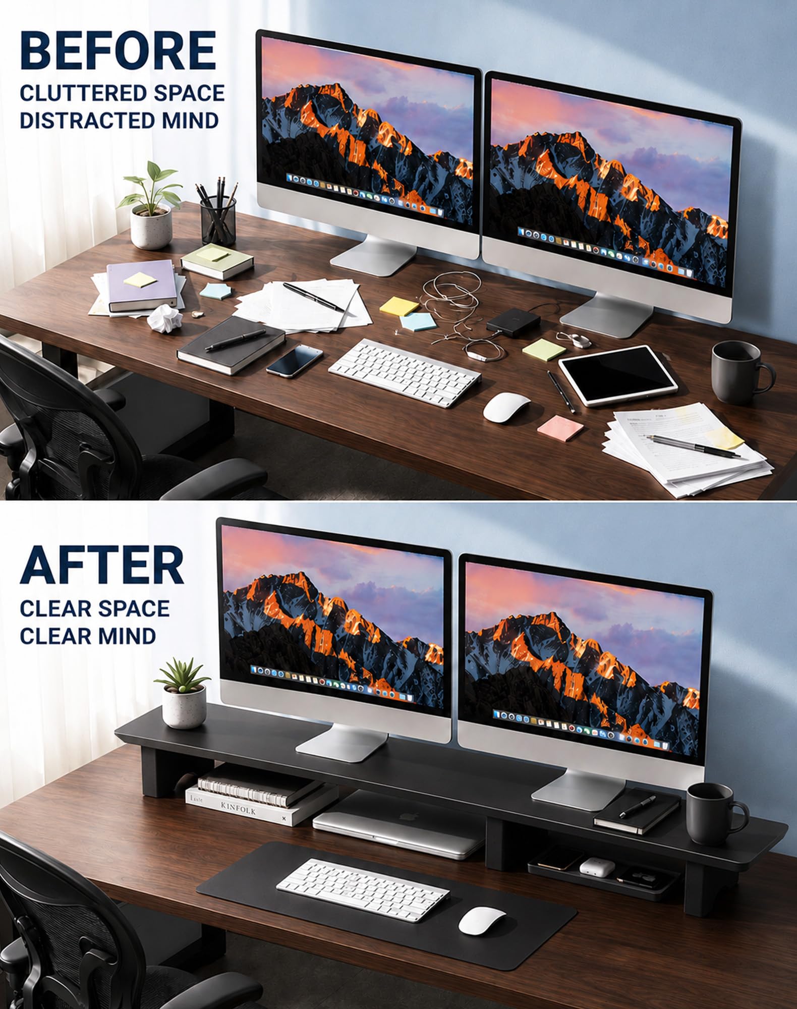 Aothia 43 in Black Solid Wood Dual Monitor Stand, Monitor Riser for Desk