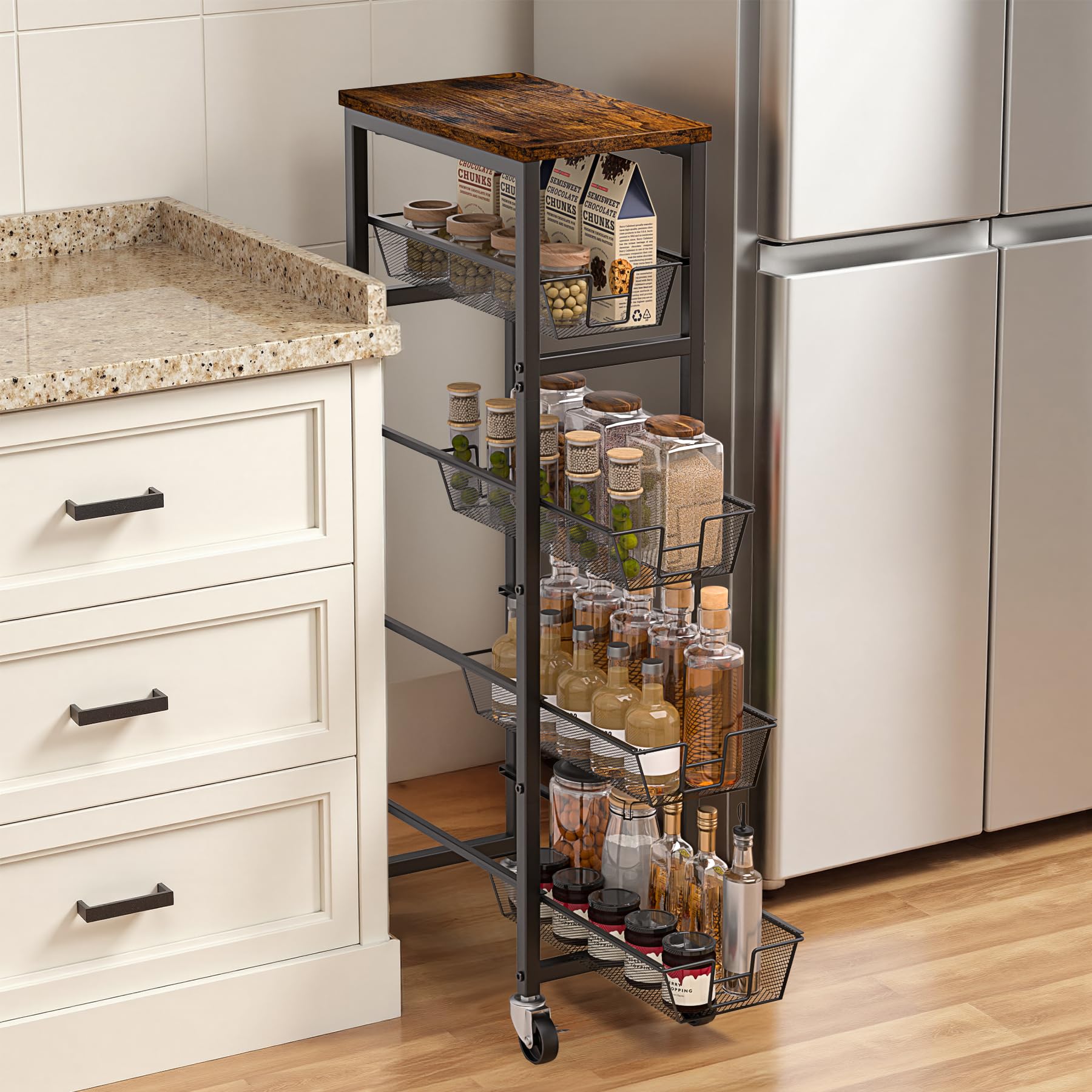 Slim Rolling Cart, 5-Tier Storage Cart, 9.1inch Narrow Kitchen Rolling Cart on Wheels for Small