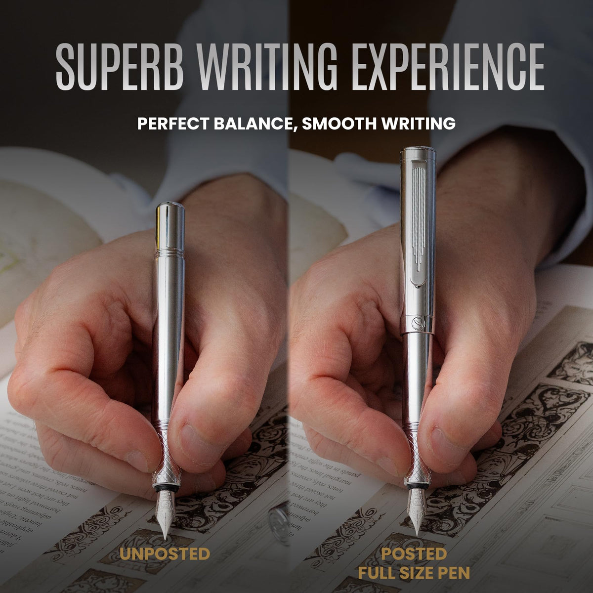 Scriveiner Silver Chrome Fountain Pen (Medium), Award Winning Luxury Pen, Heavy Pocket Pen, Chrome