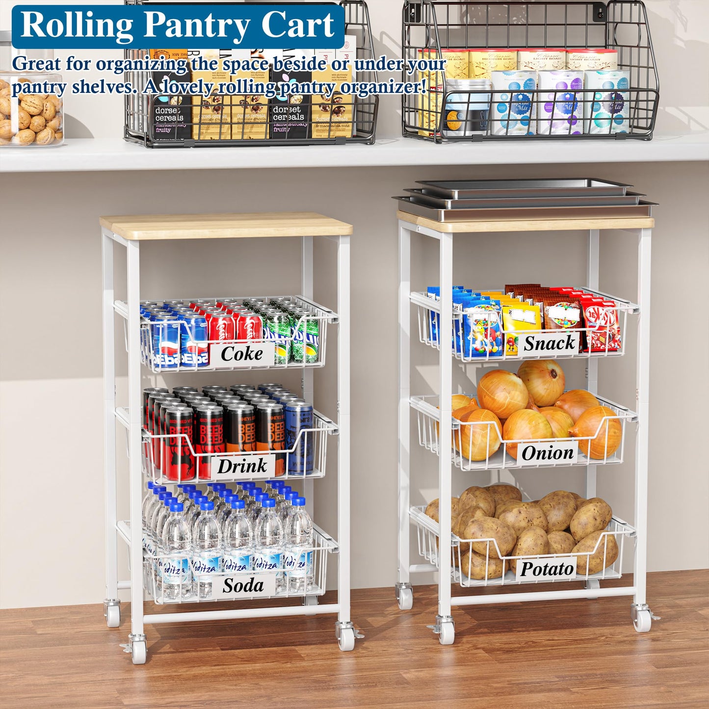 OKZEST 4-Tier Kitchen Storage Cart with 3 Upgraded Drawer Basket & Wood Top