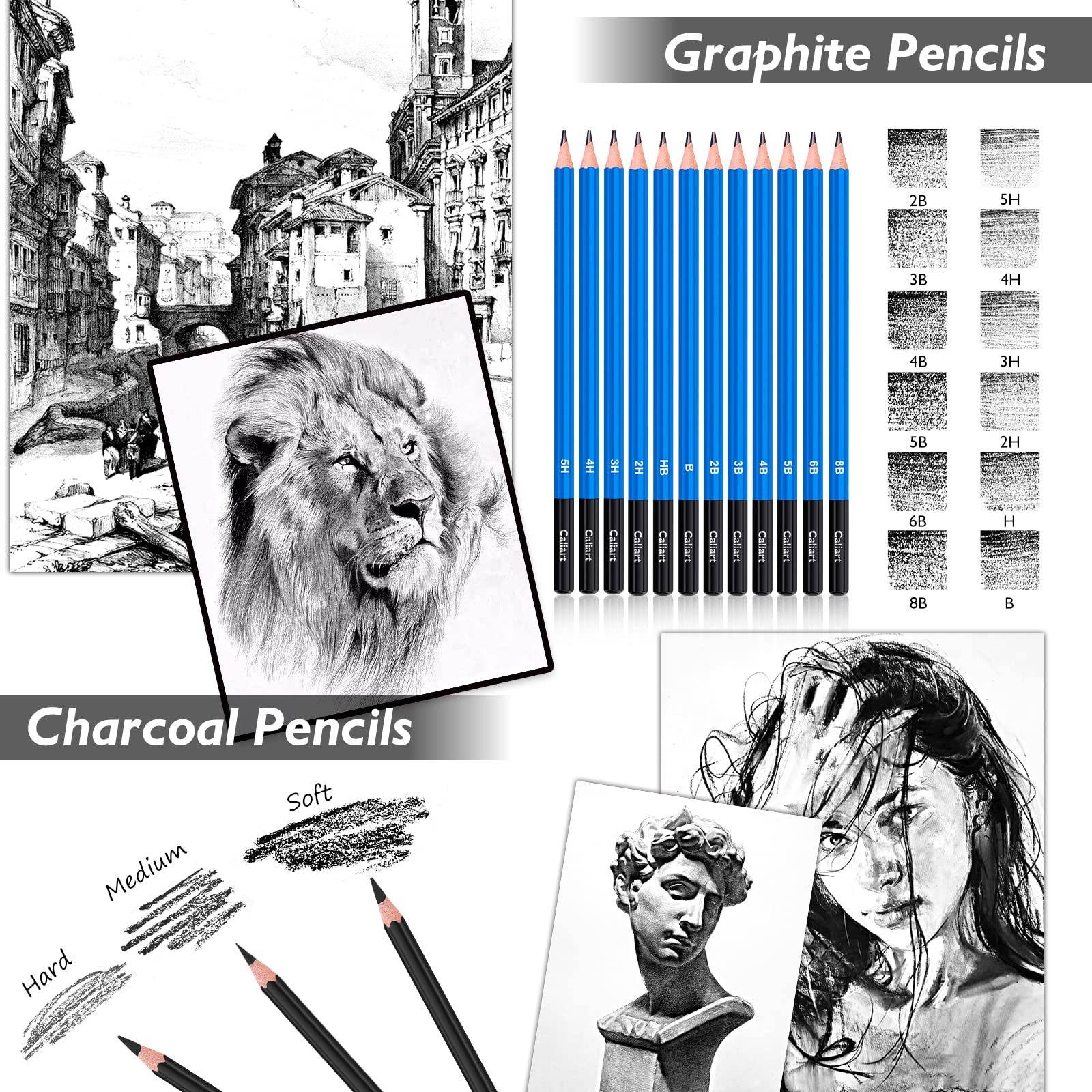Caliart 176PCS Art Supplies Sketching Kit, 100 Sheets 3-Color Sketch Book