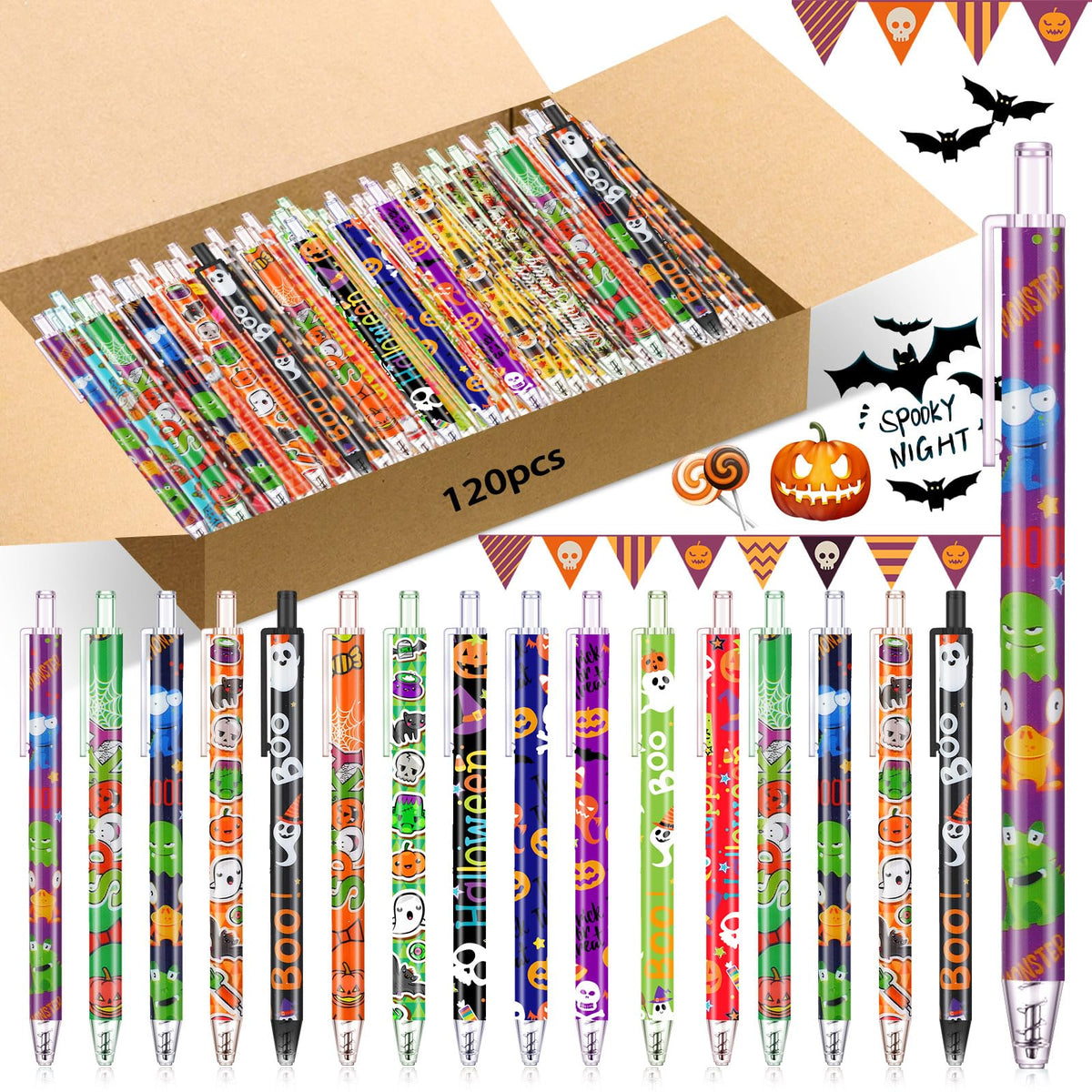 Leinuosen 120 Pcs Halloween Ballpoint Pen Retractable Gel Ink Pen Ghost Pumpkin Spider Patter