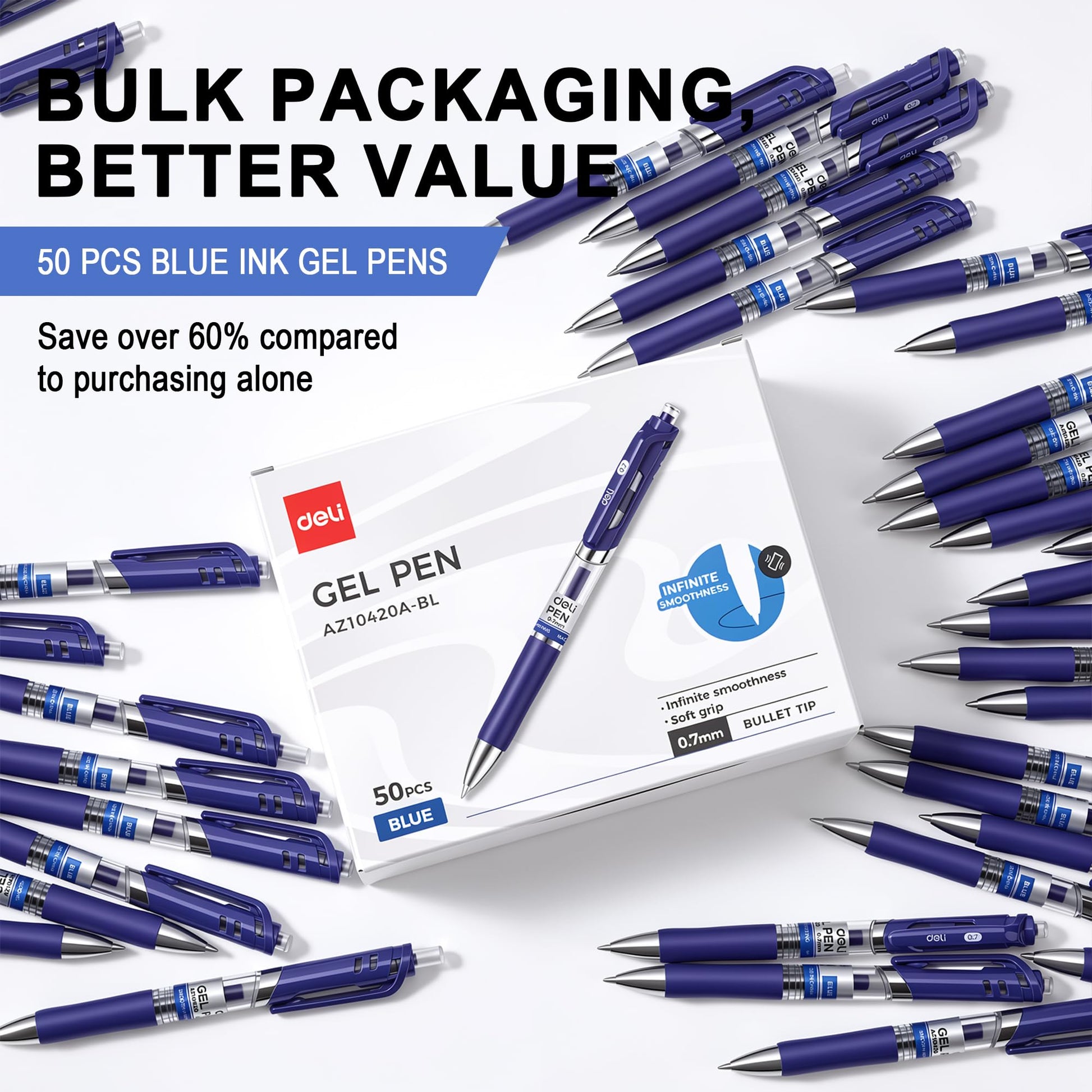 deli Gel Pens, 50 Pcs Pens Blue Ink, Retractable Medium Point Pen 0.7mm