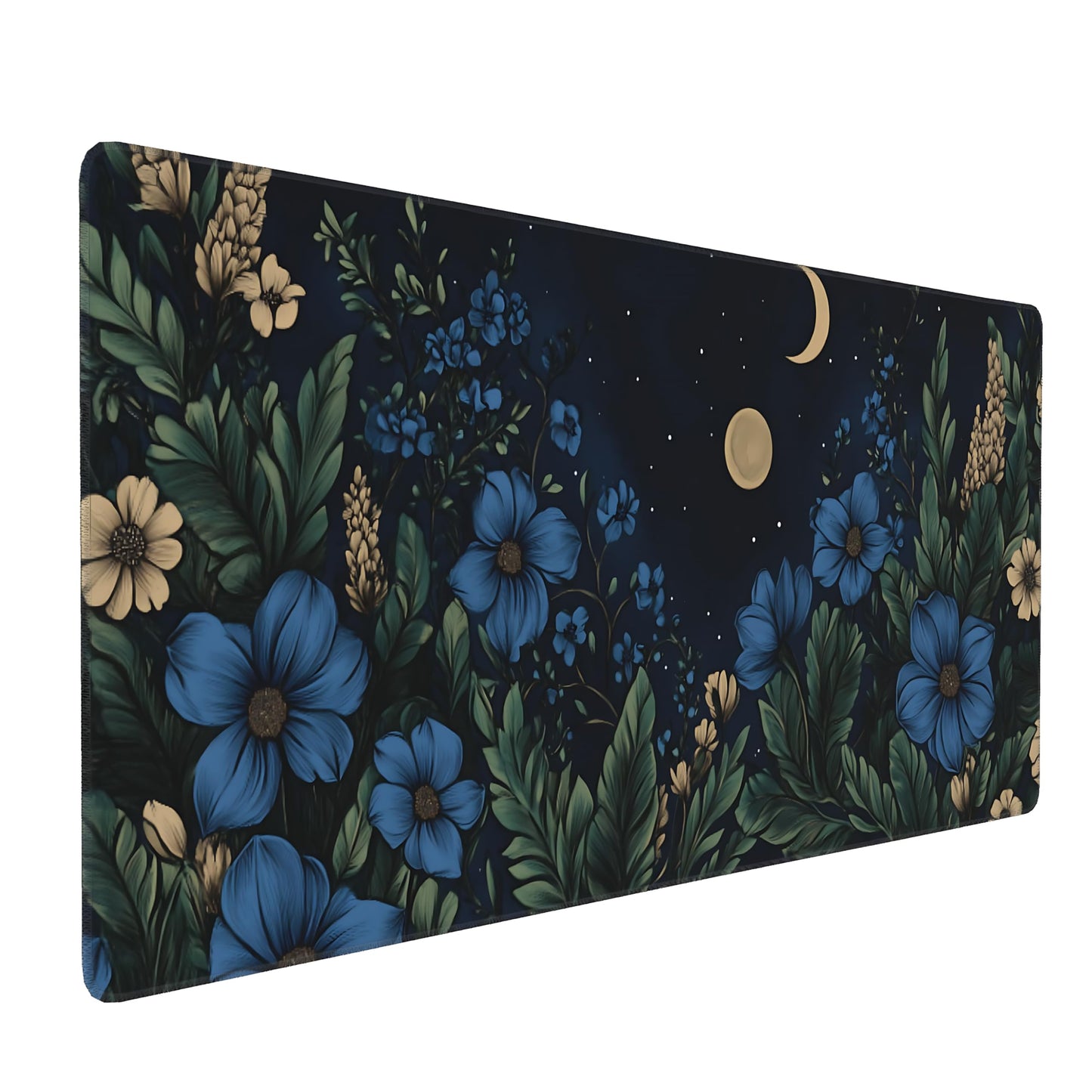 Floral Aesthetic Cosmos Gaming Mouse Pad, Black Blue Vintage Botanical Desk Mat with Anti-Slip Base