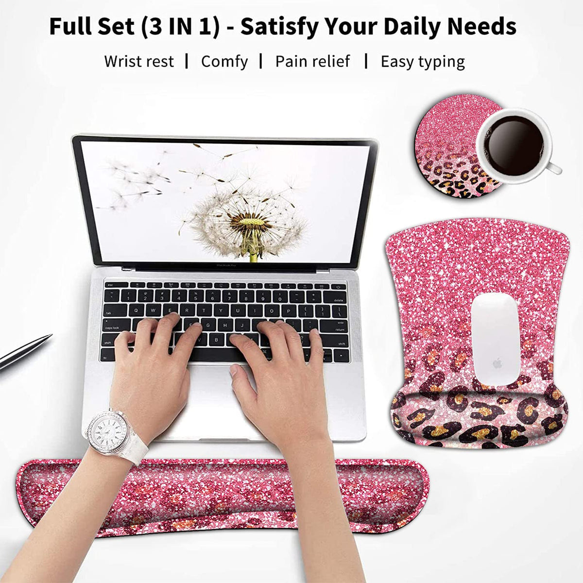Keyboard Wrist Rest and Mouse Pad Wrist Support Set,Cute Pink Faux Glitter Leopard Ergonomic Gel