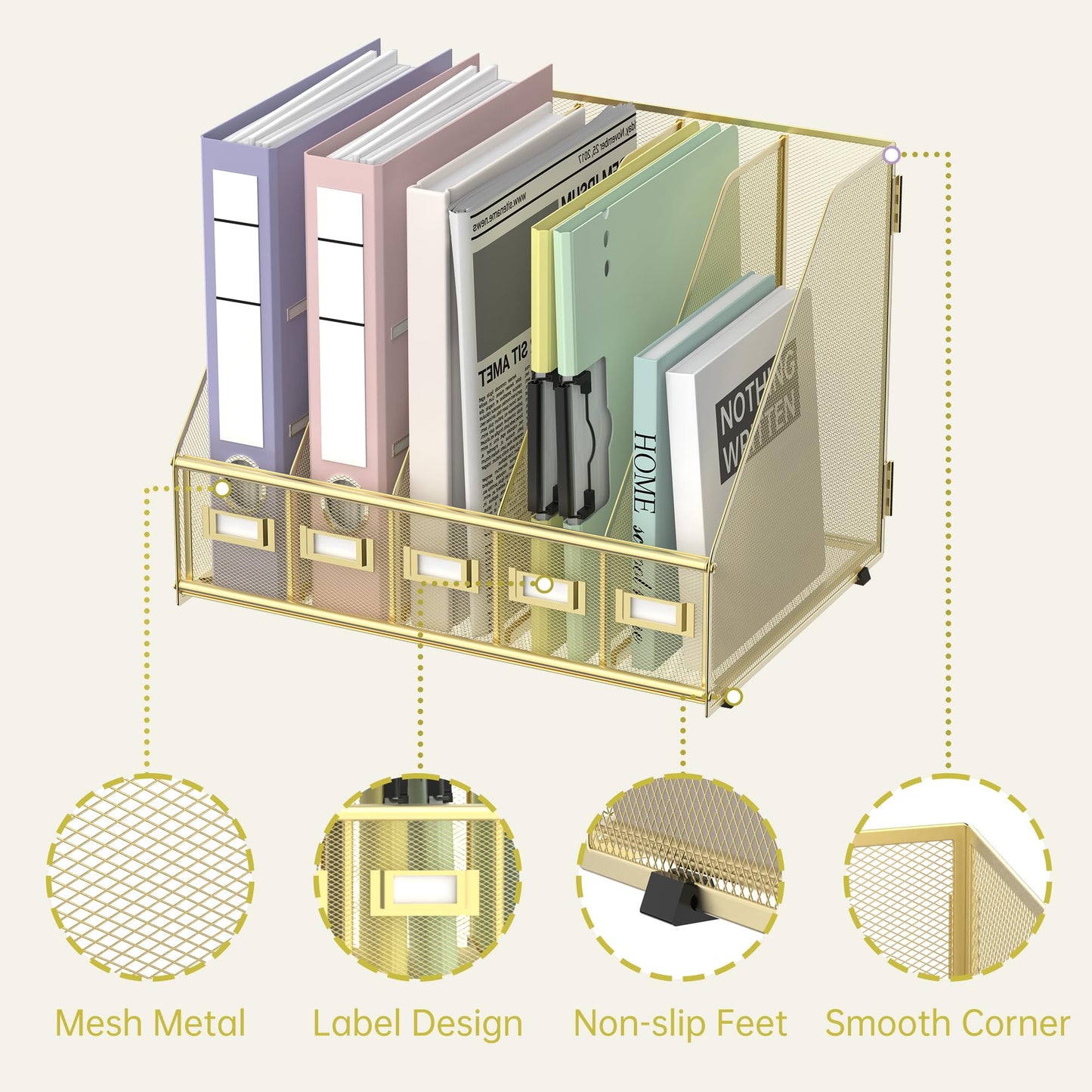 SUPEASY Desk Organizers Metal Desk Magazine File Holder with 5 Vertical Compartments Rack File
