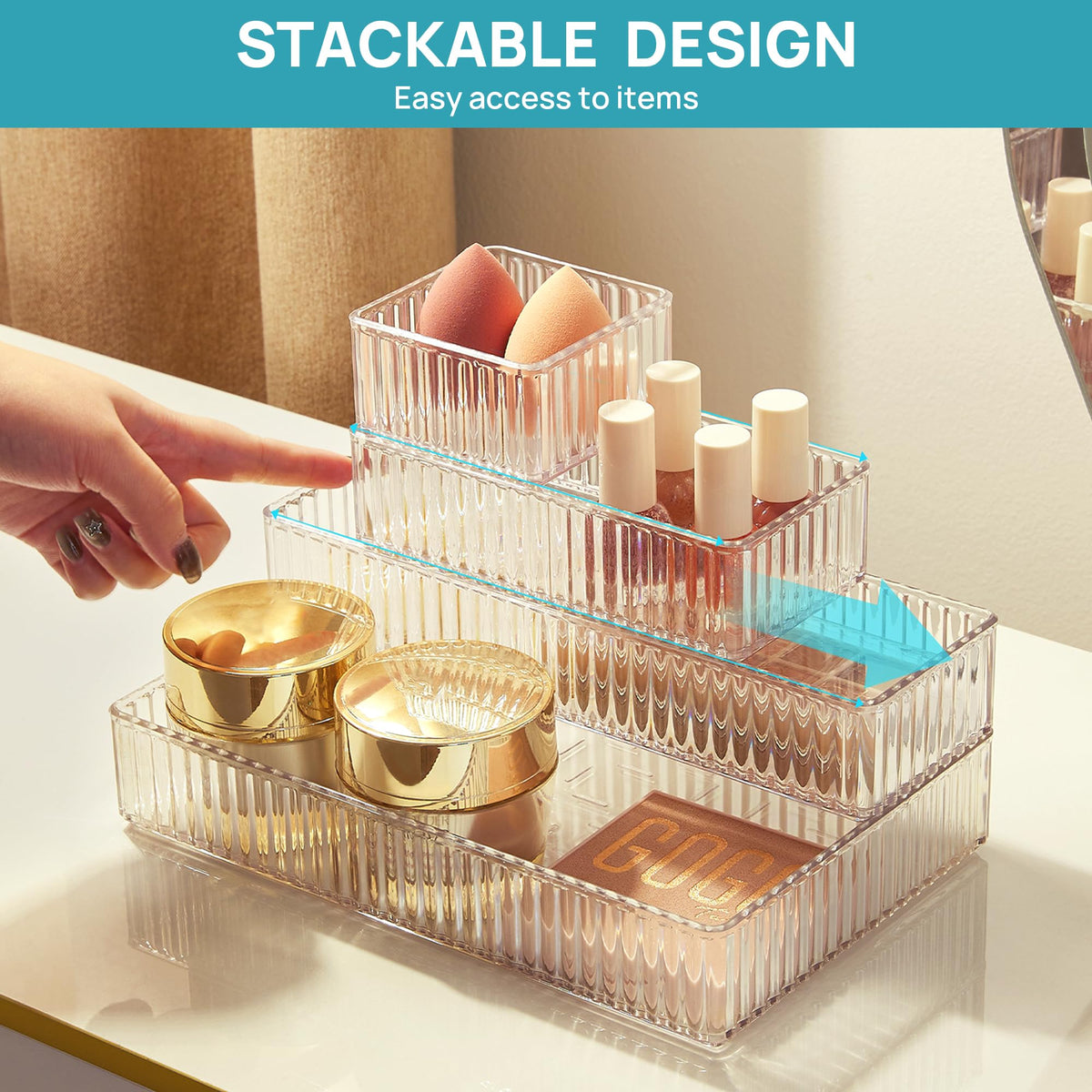 Vtopmart 7 PCS Clear Makeup Drawer Organizers Bins, 4-Size Stackable Makeup and Vanity Organizer