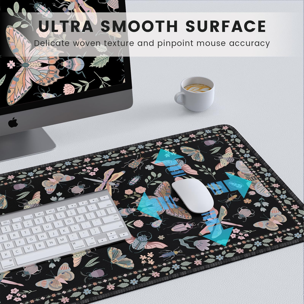 HAOCOO Large Gaming Mouse Mat, Cute Butterfly Mousepad for Desk(Black)