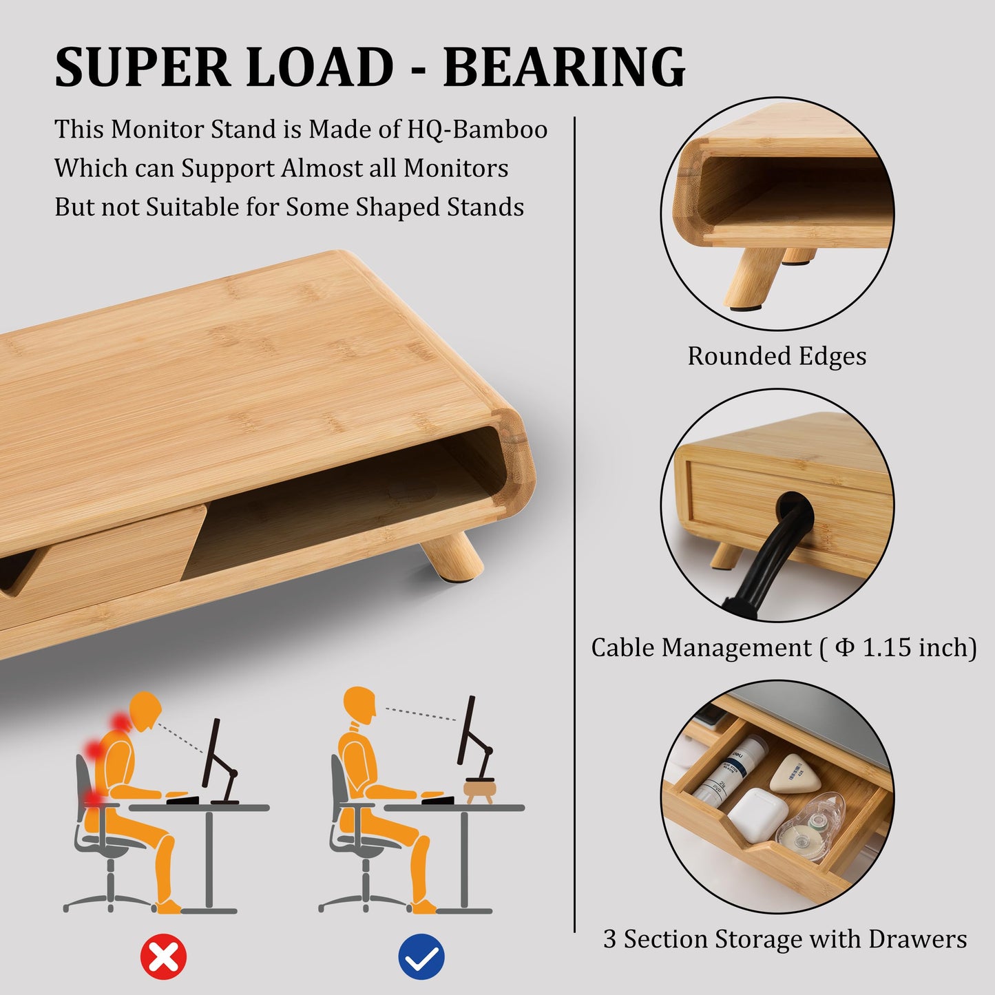 Homerays Bamboo Monitor Stand Riser, No Assembly Required Exquisite Monitor Stand with Drawer