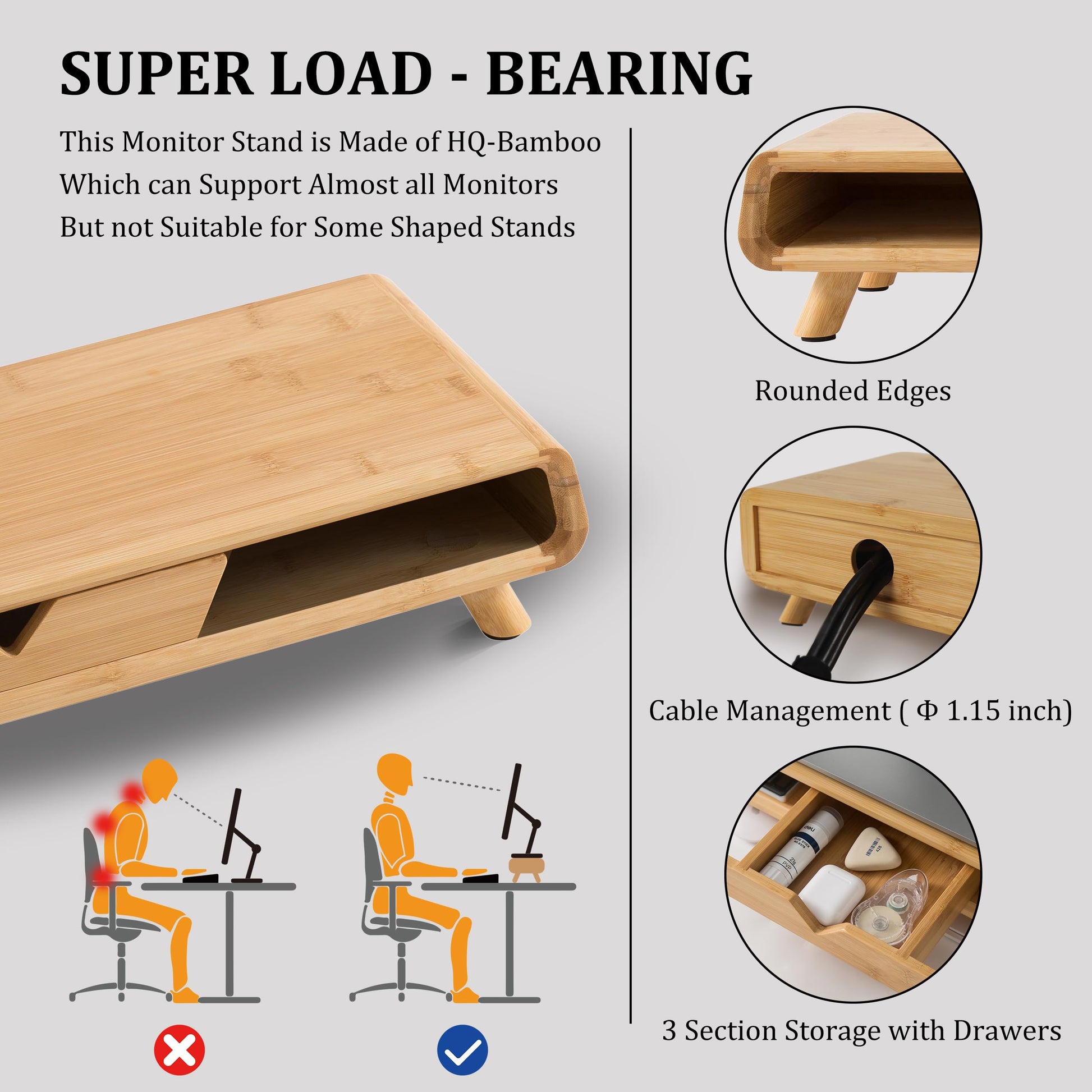 Homerays Bamboo Monitor Stand Riser, No Assembly Required Exquisite Monitor Stand with Drawer